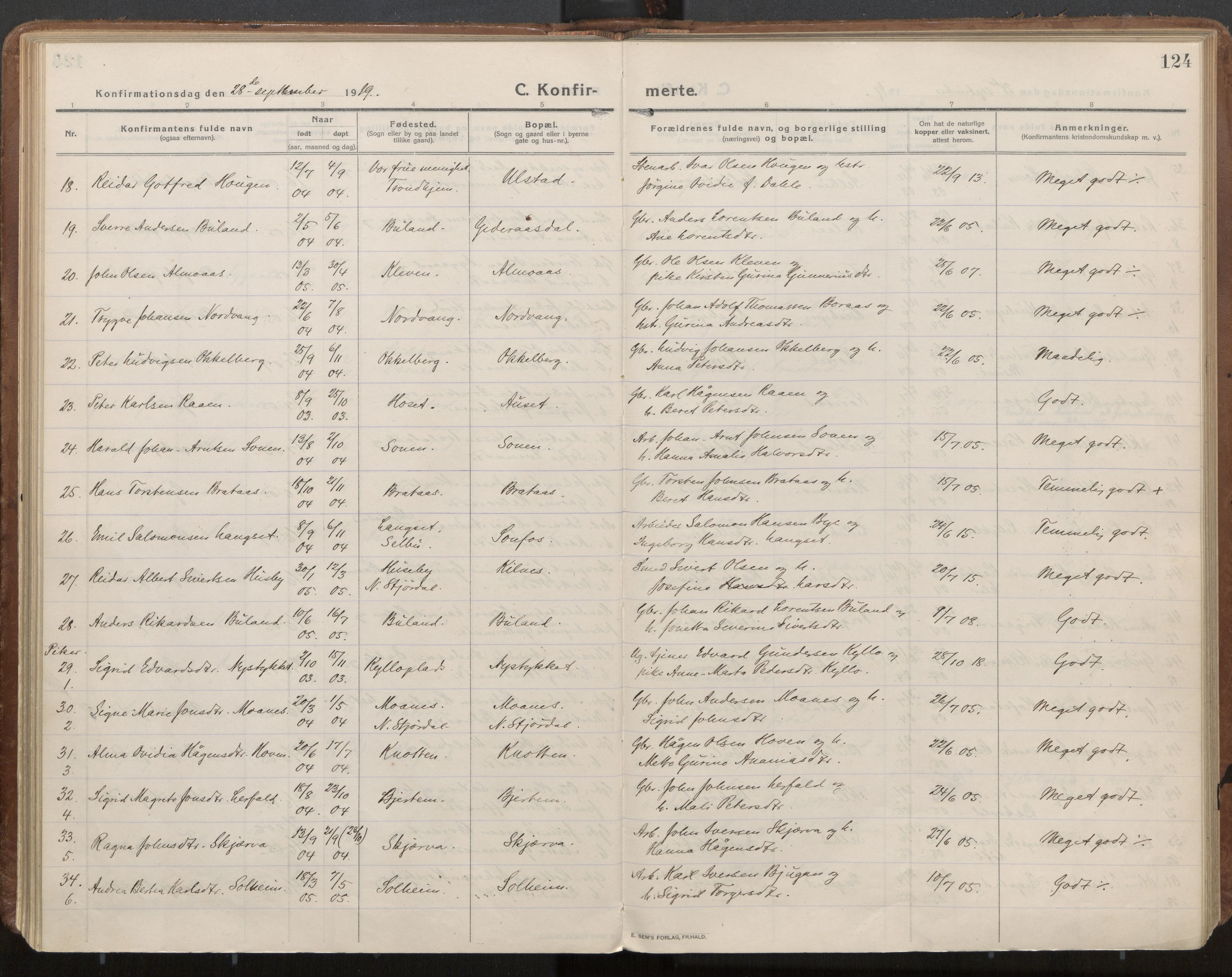 Ministerialprotokoller, klokkerbøker og fødselsregistre - Nord-Trøndelag, SAT/A-1458/703/L0037: Parish register (official) no. 703A10, 1915-1932, p. 124