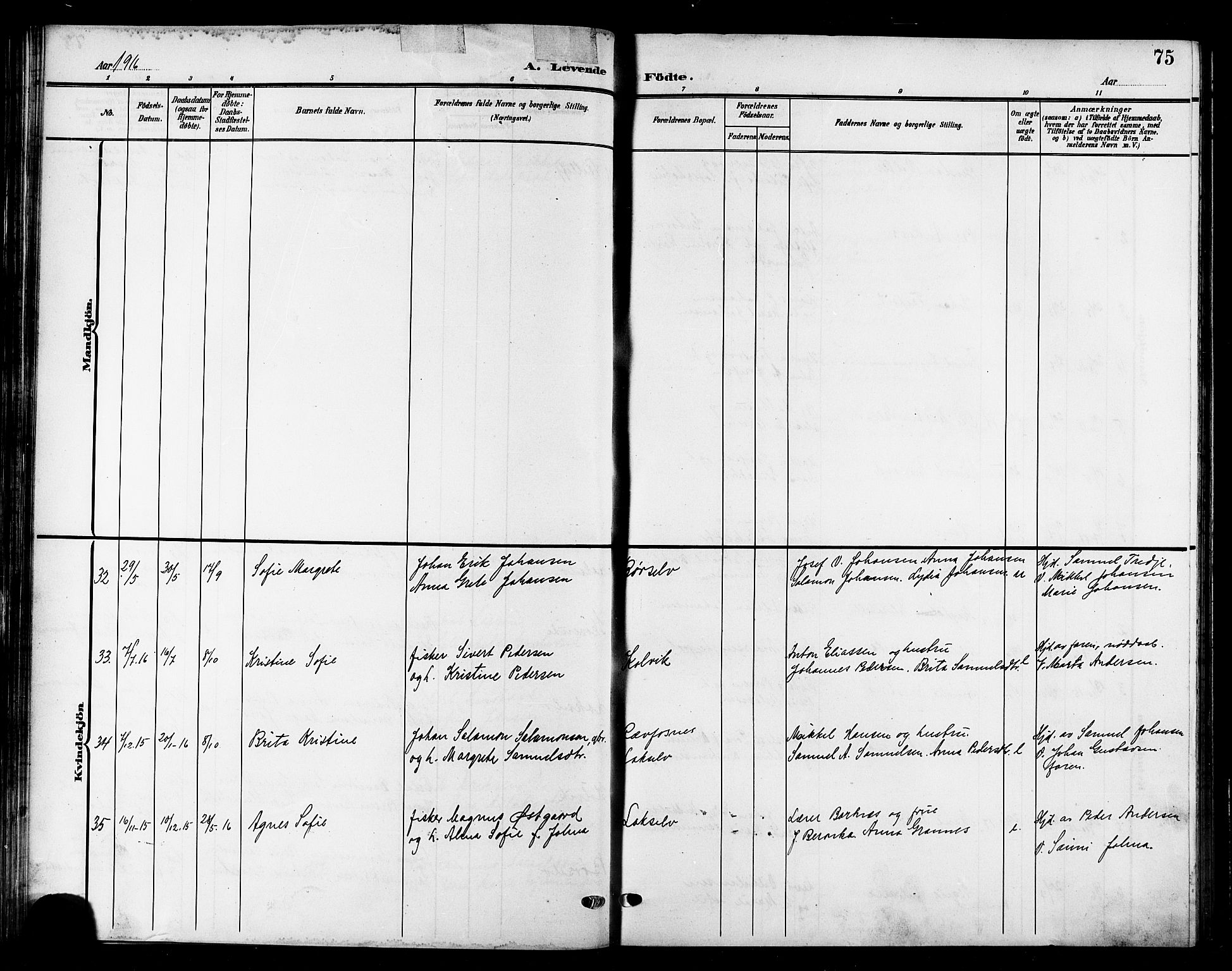 Kistrand/Porsanger sokneprestembete, SATØ/S-1351/H/Hb/L0006.klokk: Parish register (copy) no. 6, 1905-1917, p. 75