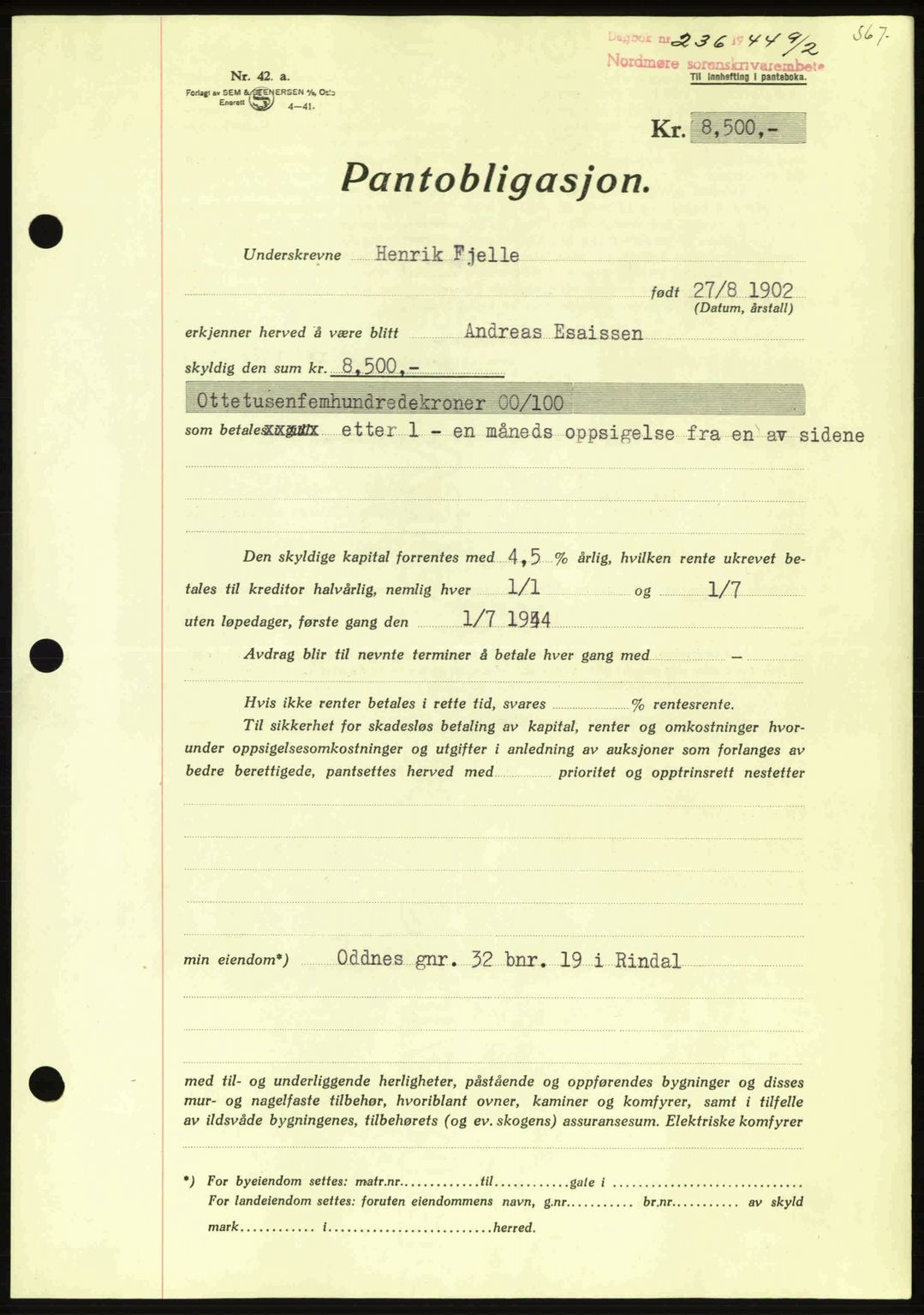 Nordmøre sorenskriveri, AV/SAT-A-4132/1/2/2Ca: Mortgage book no. B91, 1943-1944, Diary no: : 236/1944