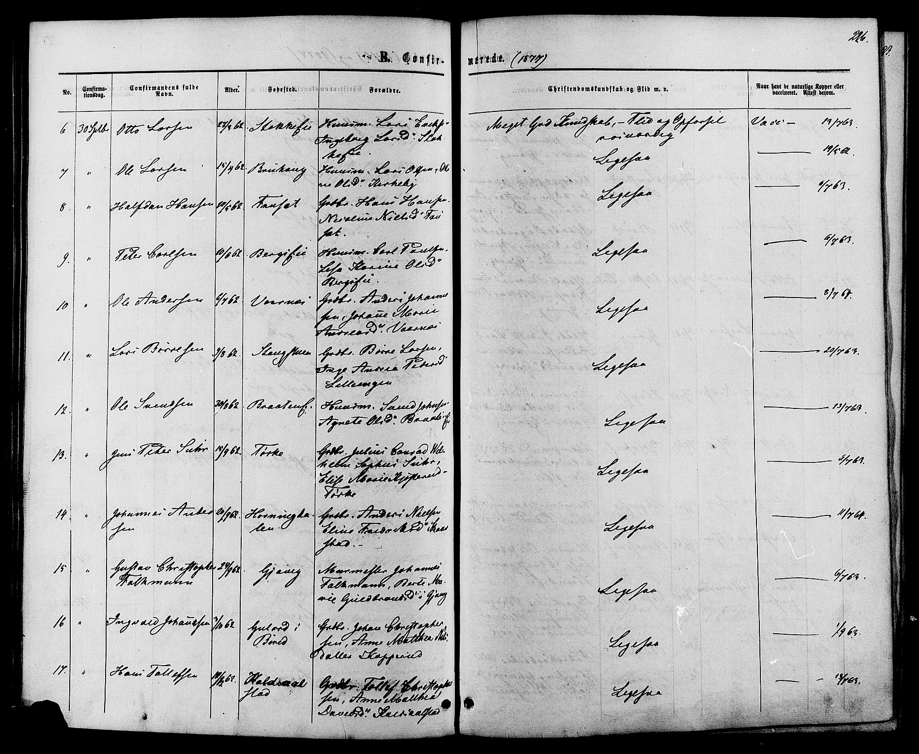 Vardal prestekontor, SAH/PREST-100/H/Ha/Haa/L0007: Parish register (official) no. 7, 1867-1878, p. 226