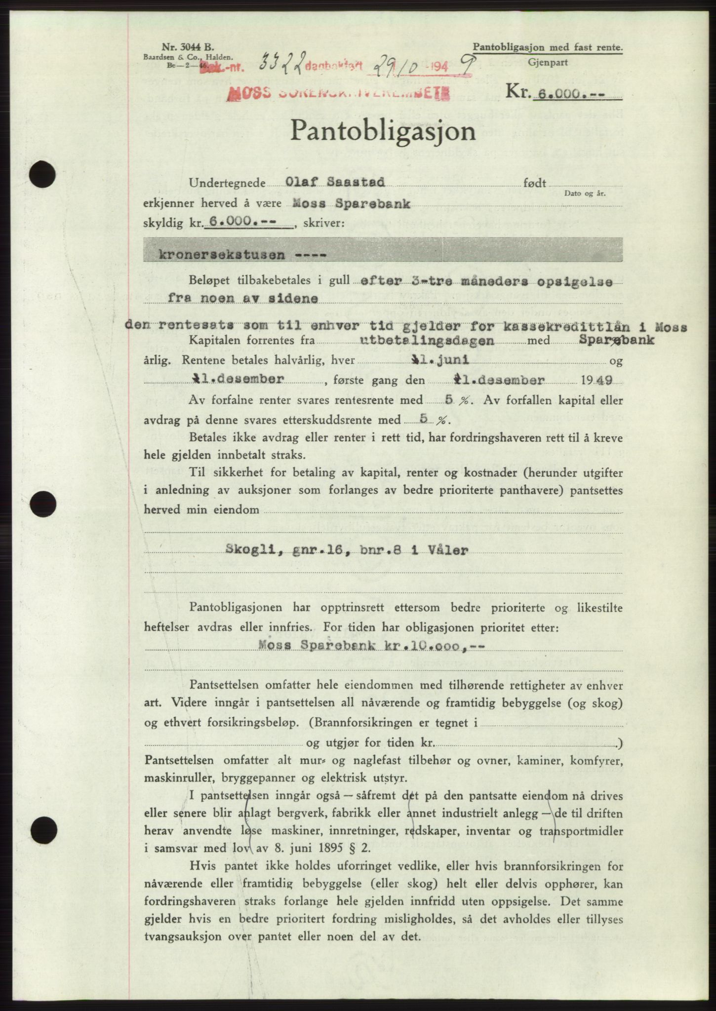 Moss sorenskriveri, SAO/A-10168: Mortgage book no. B23, 1949-1950, Diary no: : 3322/1949