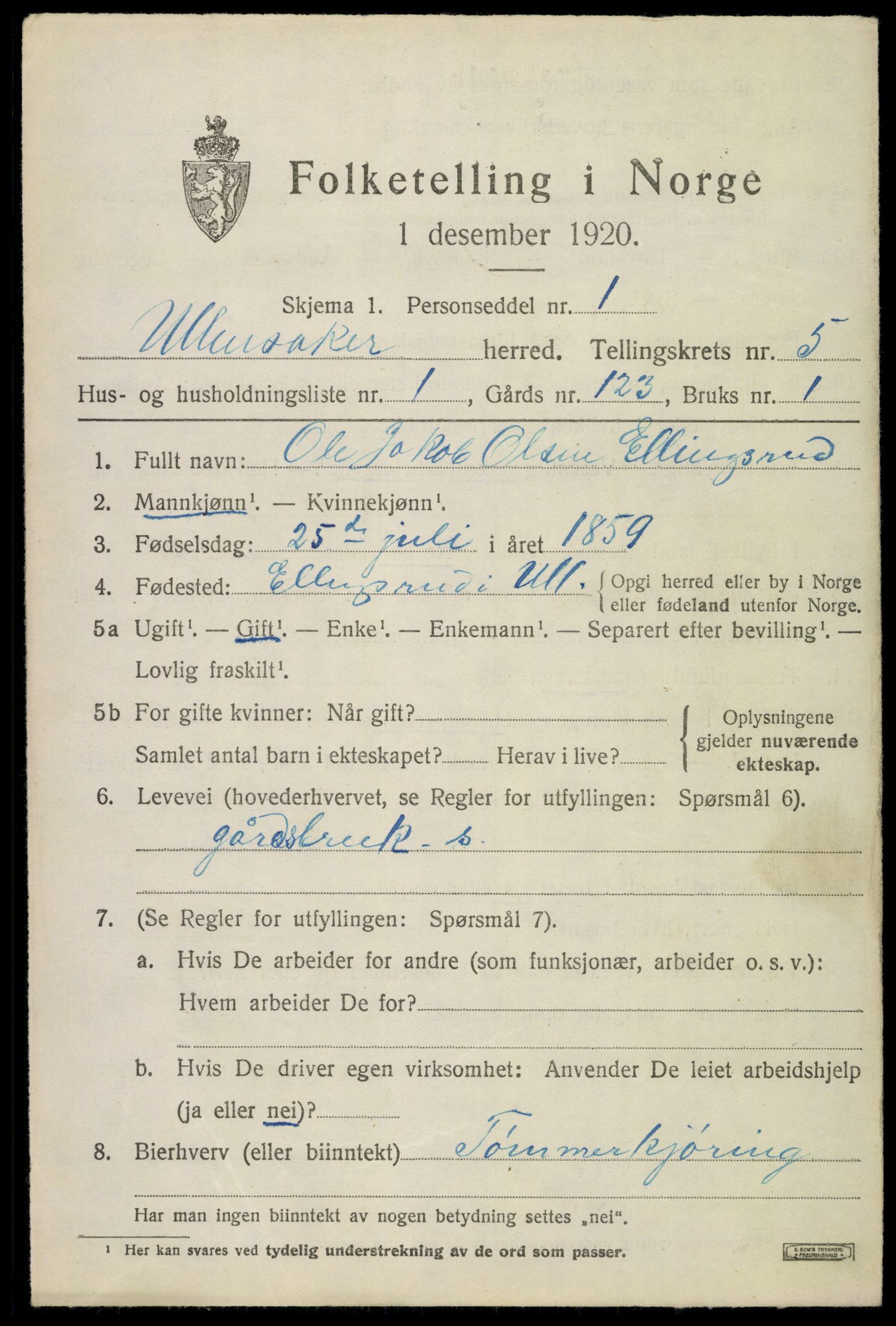 SAO, 1920 census for Ullensaker, 1920, p. 9039