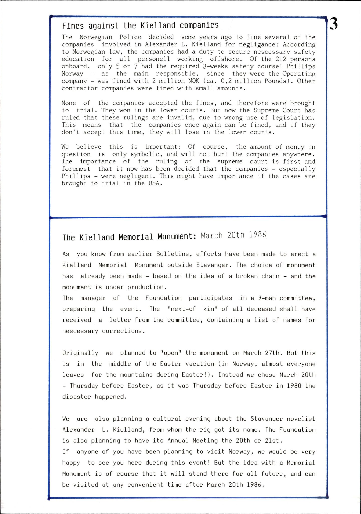 Pa 1660 - Kielland- fondet, AV/SAST-A-102242/X/Xa/L0001: Rapport til overlevende og etterlatte/ Kielland Bulletin, 1980-1998