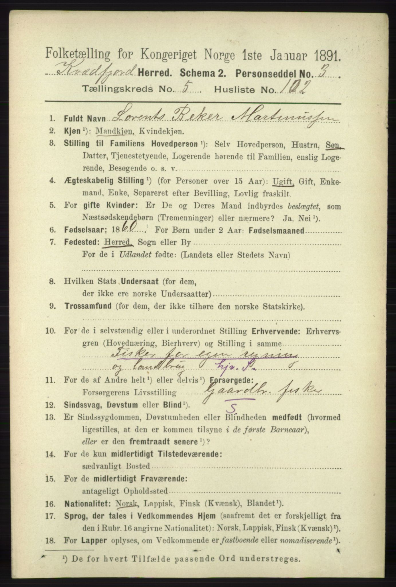 RA, 1891 census for 1911 Kvæfjord, 1891, p. 3485