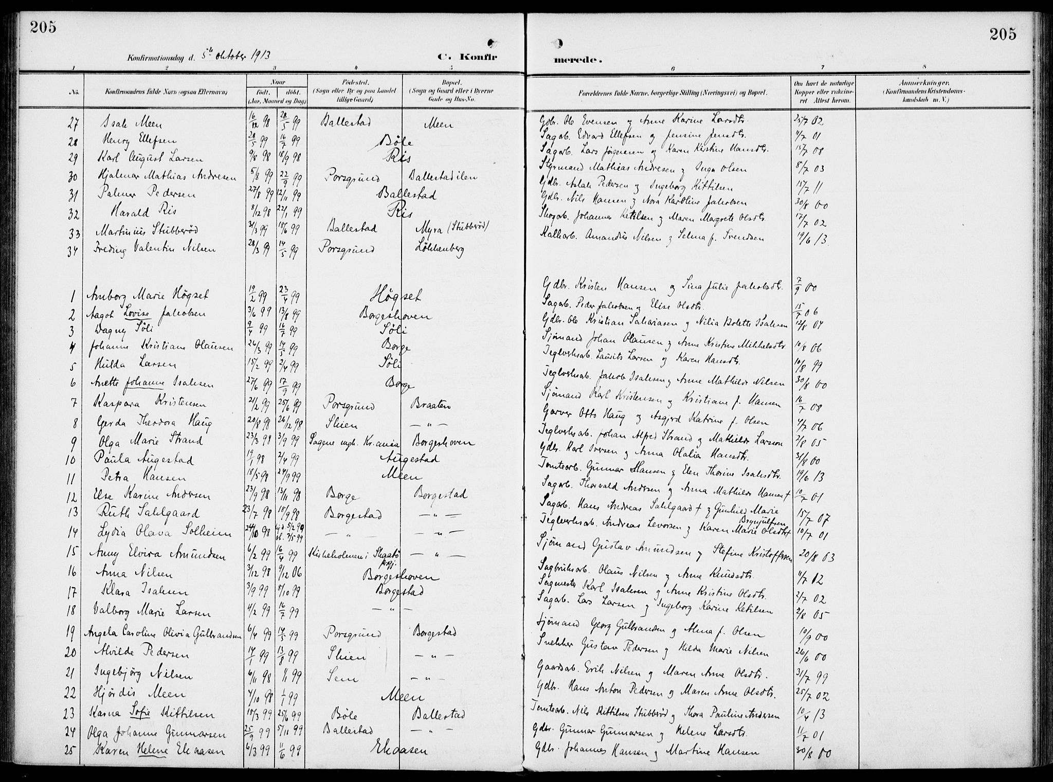 Gjerpen kirkebøker, AV/SAKO-A-265/F/Fa/L0012: Parish register (official) no. I 12, 1905-1913, p. 205