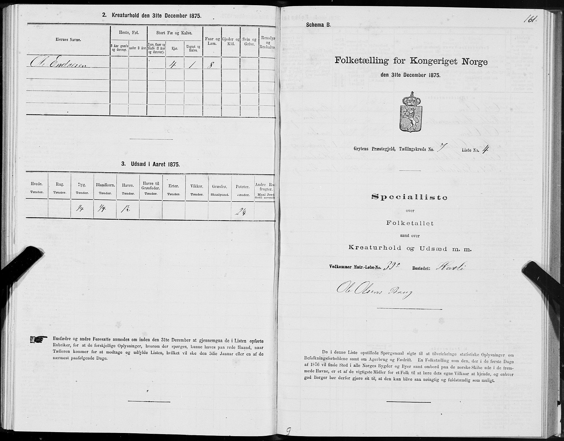 SAT, 1875 census for 1539P Grytten, 1875, p. 3161