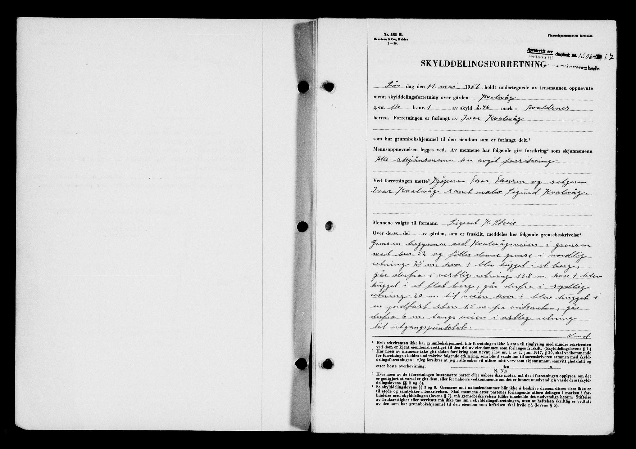 Karmsund sorenskriveri, SAST/A-100311/01/II/IIB/L0125: Mortgage book no. 105A, 1957-1957, Diary no: : 1506/1957
