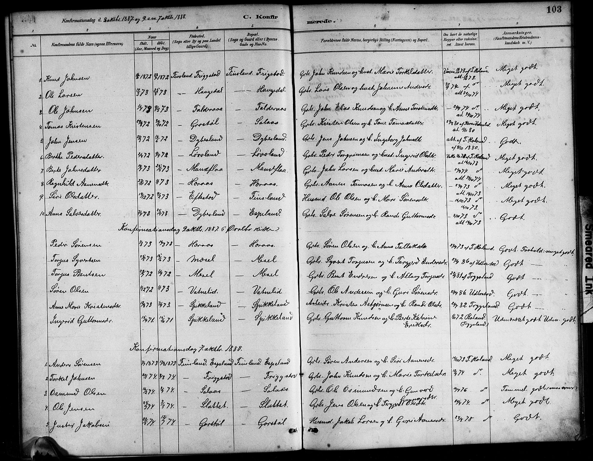 Bjelland sokneprestkontor, SAK/1111-0005/F/Fb/Fbb/L0005: Parish register (copy) no. B 5, 1887-1918, p. 103