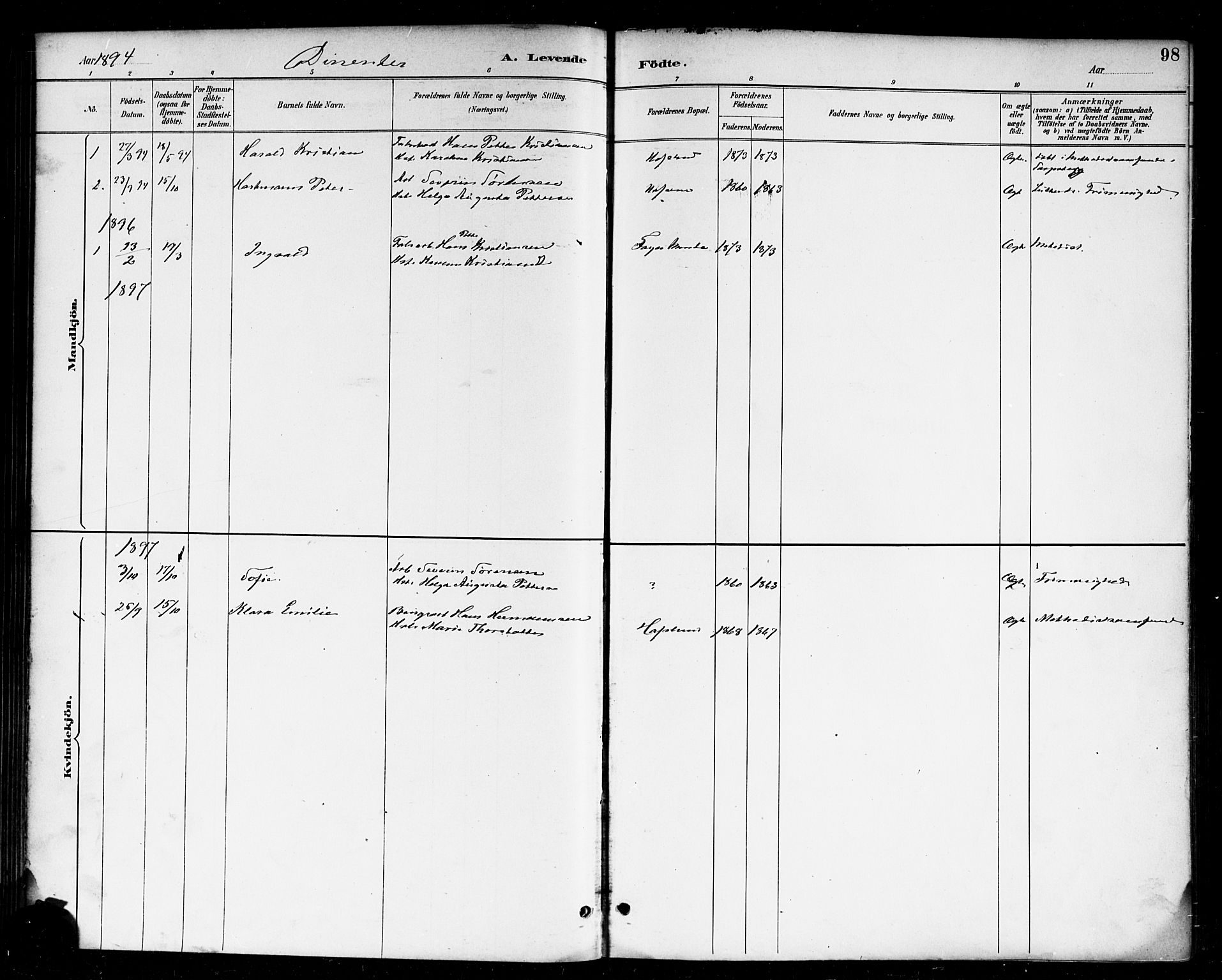 Skjeberg prestekontor Kirkebøker, AV/SAO-A-10923/F/Fa/L0009: Parish register (official) no. I 9, 1886-1897, p. 98