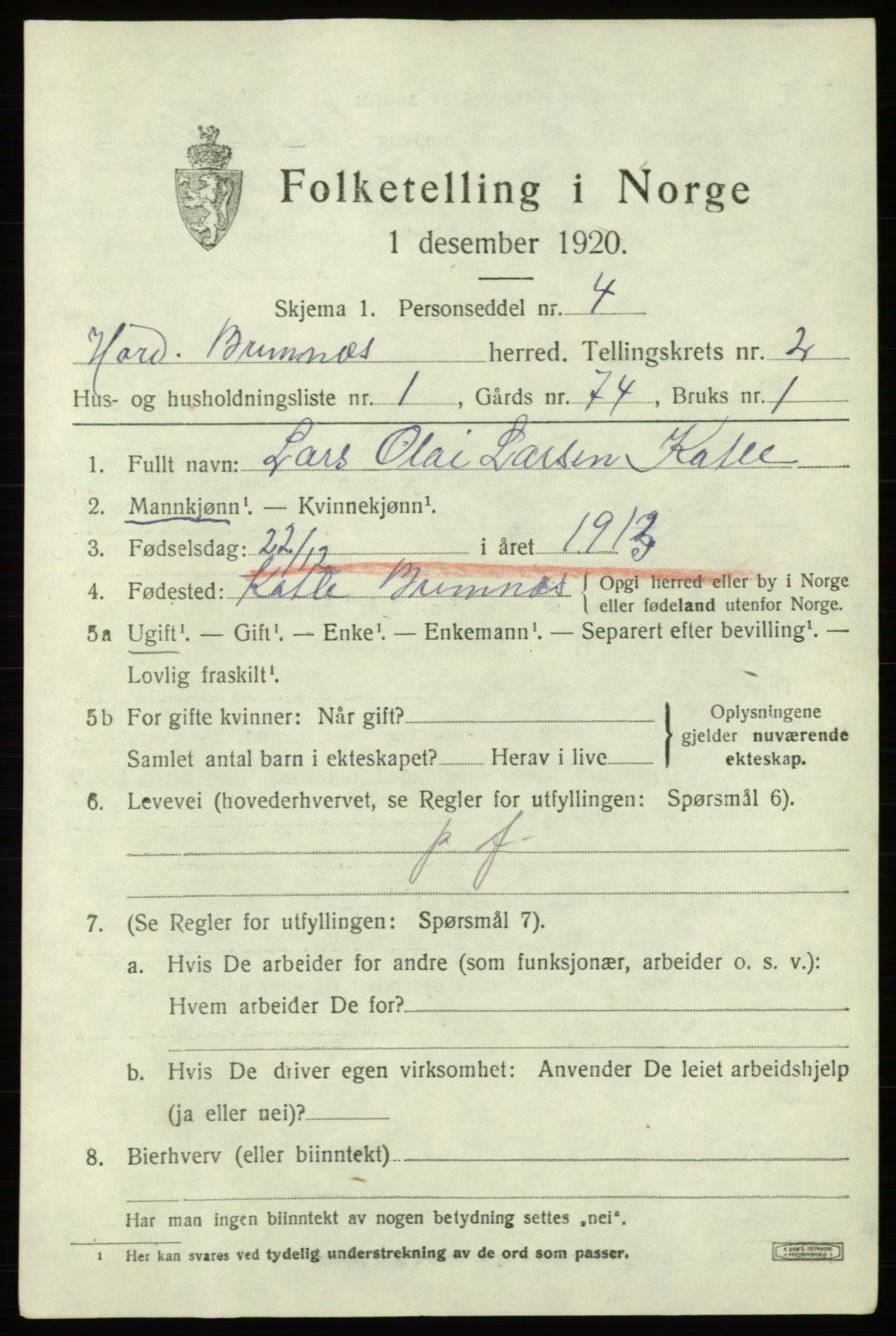 SAB, 1920 census for Bremnes, 1920, p. 1296