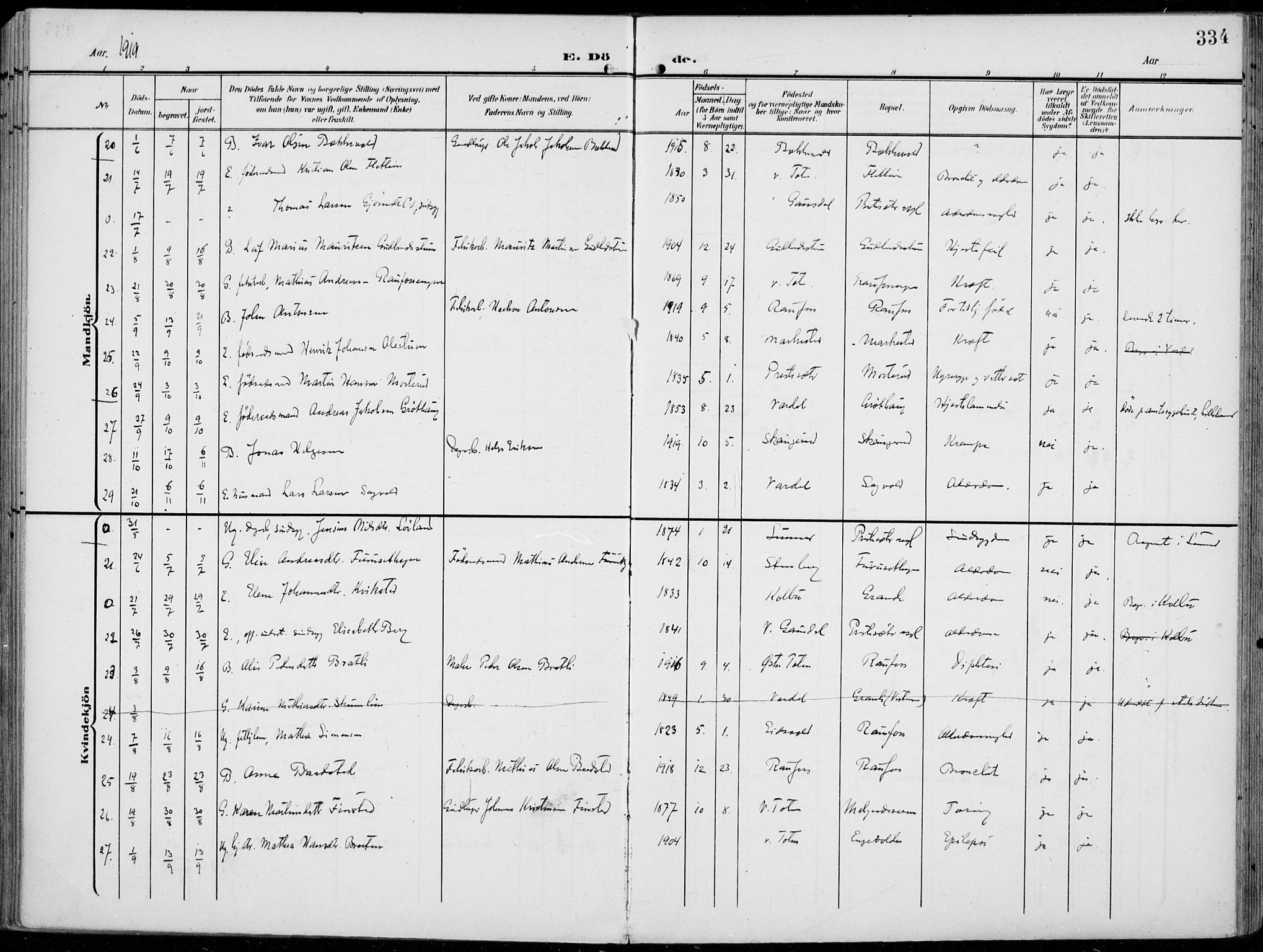 Vestre Toten prestekontor, SAH/PREST-108/H/Ha/Haa/L0014: Parish register (official) no. 14, 1907-1920, p. 334