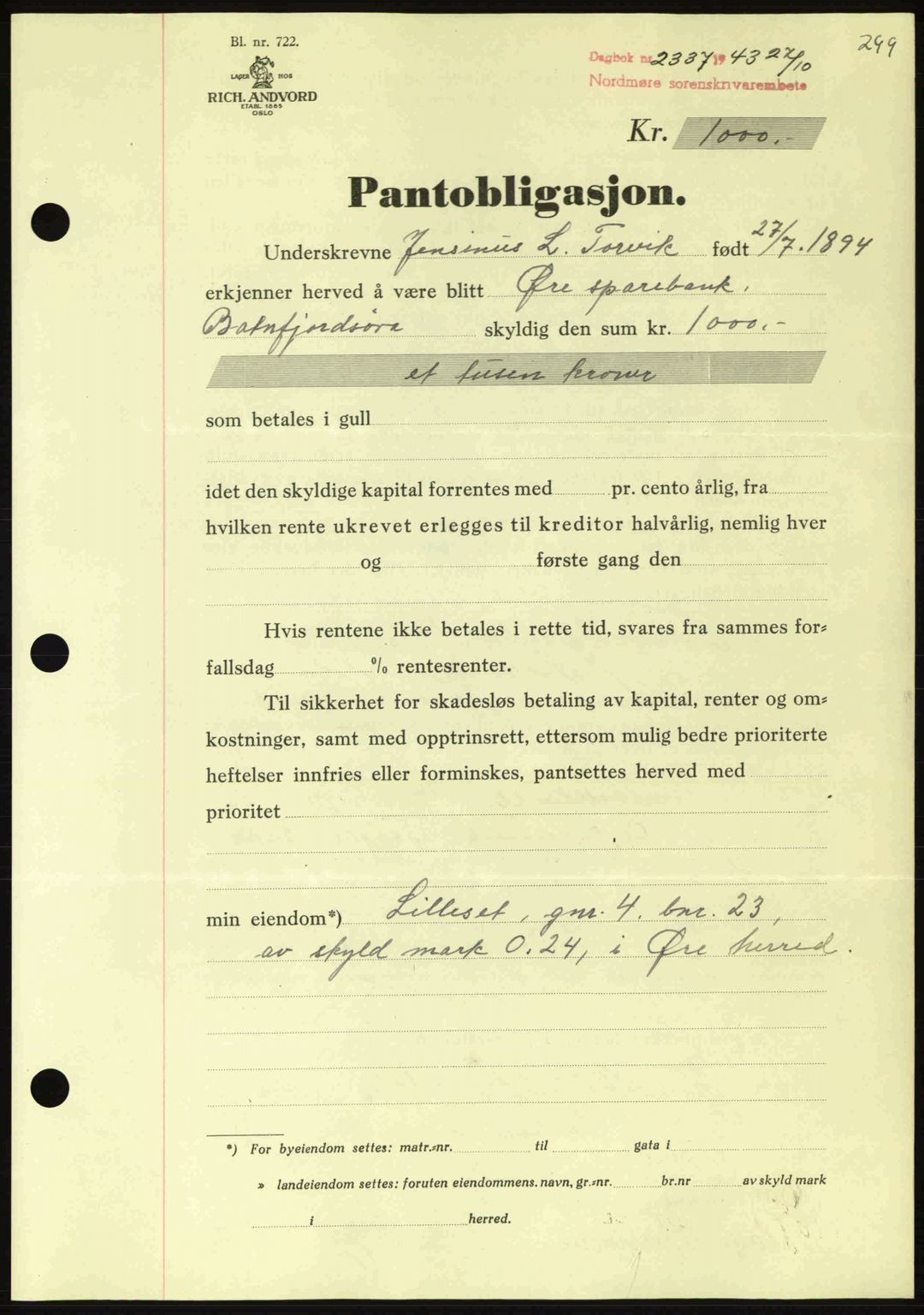 Nordmøre sorenskriveri, AV/SAT-A-4132/1/2/2Ca: Mortgage book no. B91, 1943-1944, Diary no: : 2337/1943