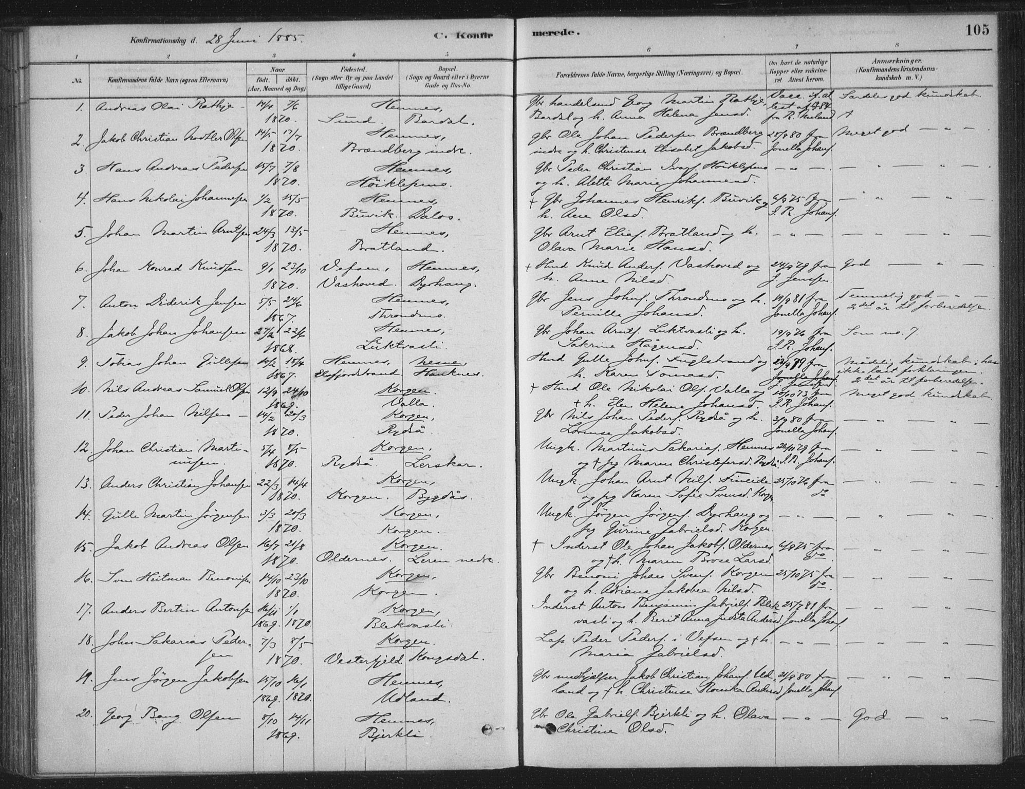 Ministerialprotokoller, klokkerbøker og fødselsregistre - Nordland, AV/SAT-A-1459/825/L0361: Parish register (official) no. 825A15, 1878-1893, p. 105