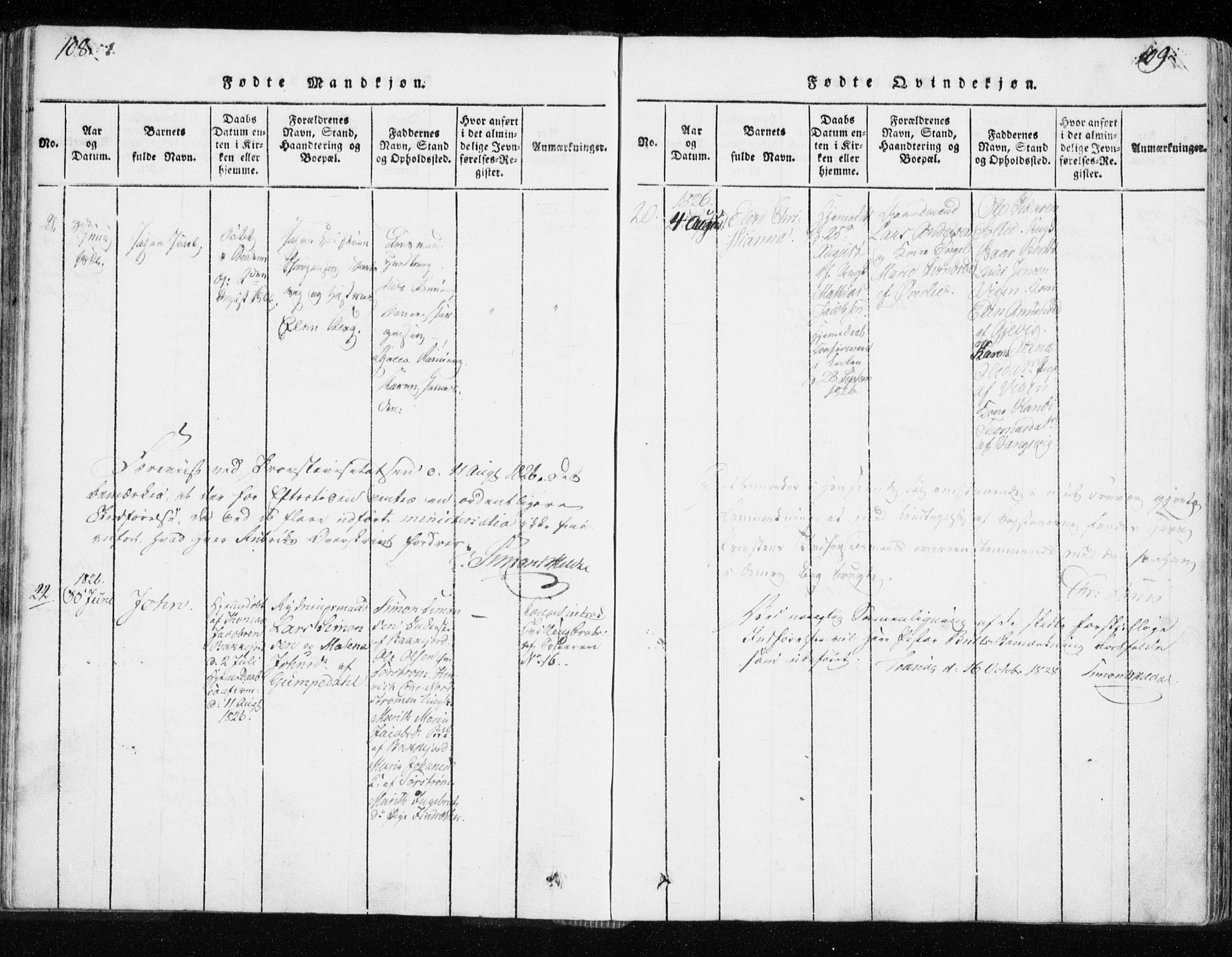 Tranøy sokneprestkontor, SATØ/S-1313/I/Ia/Iaa/L0004kirke: Parish register (official) no. 4, 1820-1829, p. 108-109