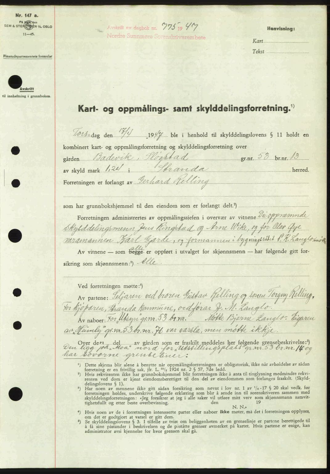 Nordre Sunnmøre sorenskriveri, AV/SAT-A-0006/1/2/2C/2Ca: Mortgage book no. A24, 1947-1947, Diary no: : 775/1947