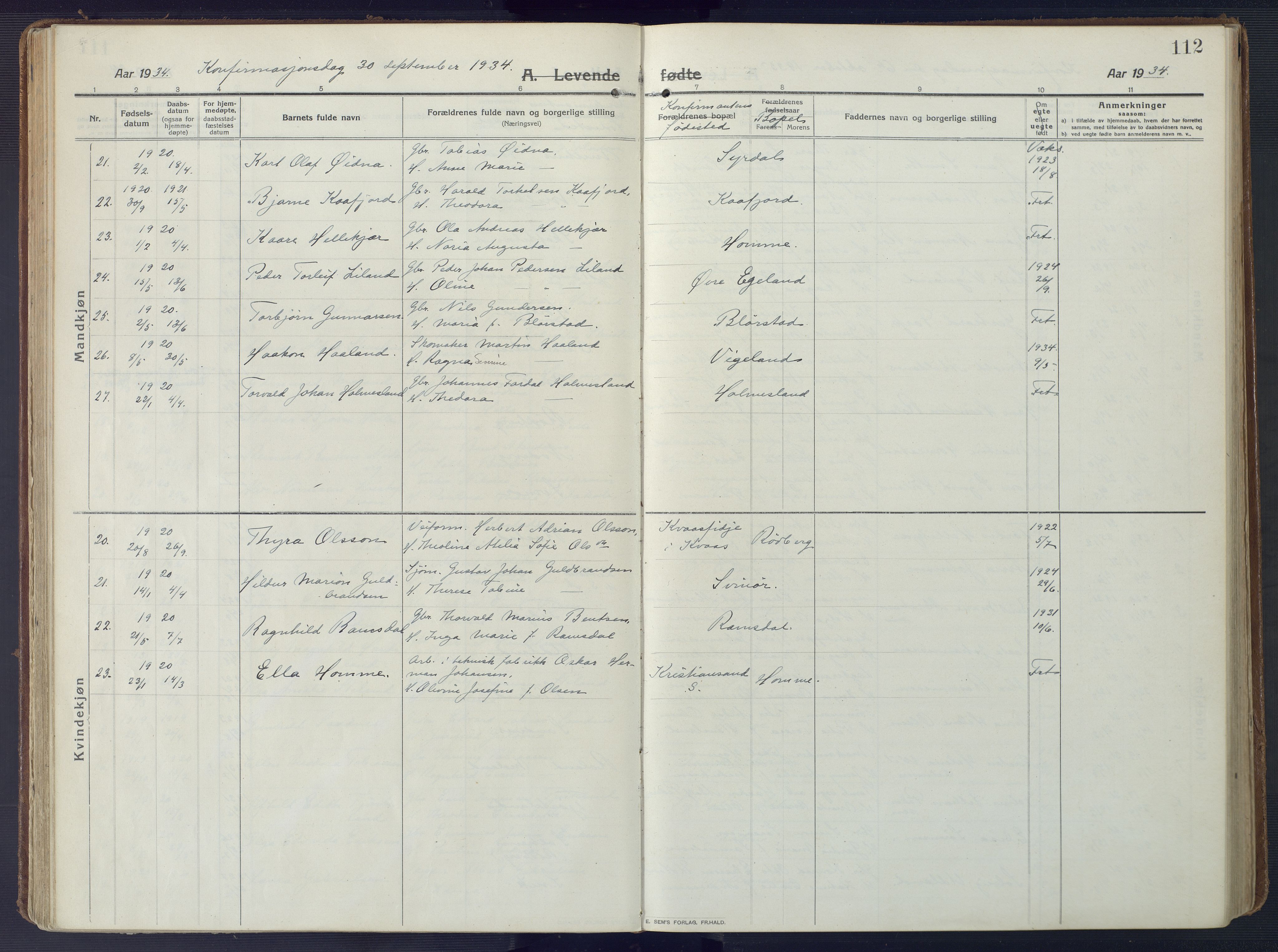 Sør-Audnedal sokneprestkontor, AV/SAK-1111-0039/F/Fa/Fab/L0011: Parish register (official) no. A 11, 1912-1938, p. 112