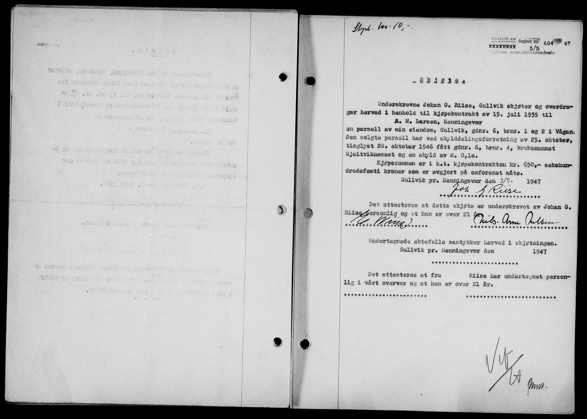 Lofoten sorenskriveri, SAT/A-0017/1/2/2C/L0016a: Mortgage book no. 16a, 1947-1947, Diary no: : 684/1947