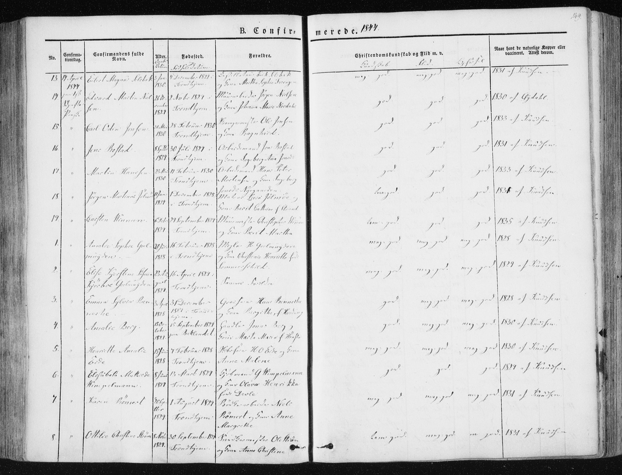 Ministerialprotokoller, klokkerbøker og fødselsregistre - Sør-Trøndelag, AV/SAT-A-1456/602/L0110: Parish register (official) no. 602A08, 1840-1854, p. 149