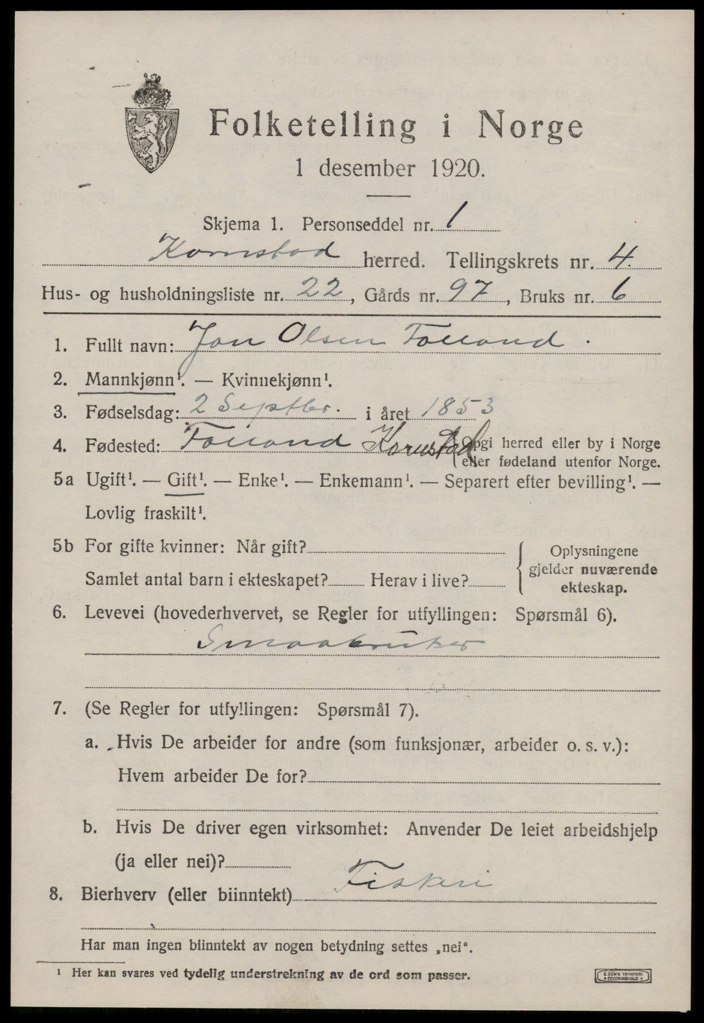 SAT, 1920 census for Kornstad, 1920, p. 2753