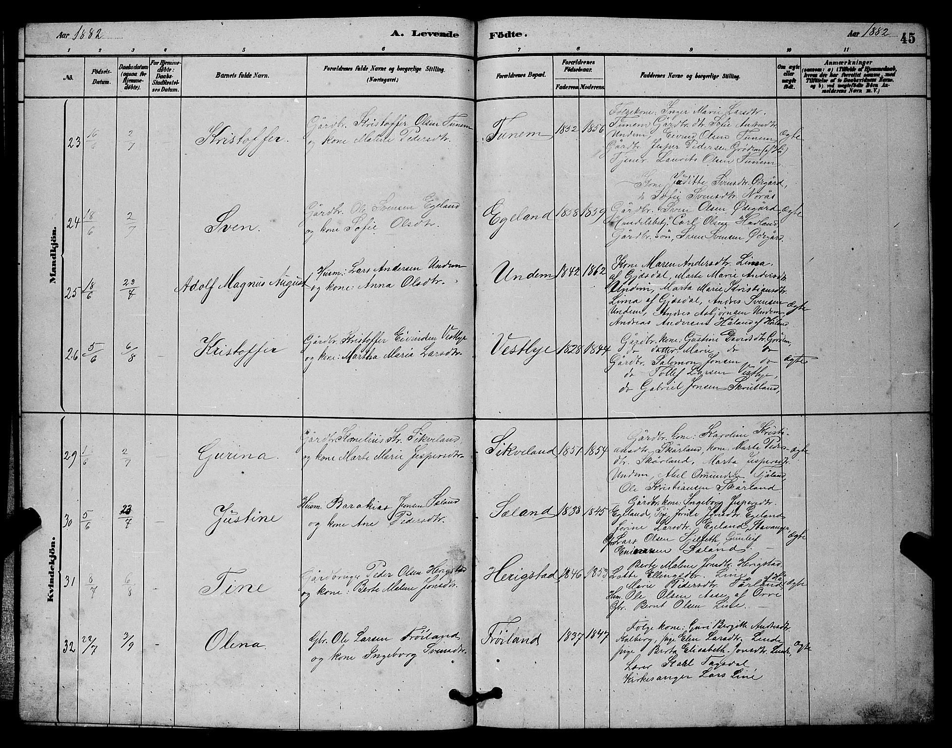 Lye sokneprestkontor, AV/SAST-A-101794/001/30BB/L0006: Parish register (copy) no. B 6, 1879-1888, p. 45