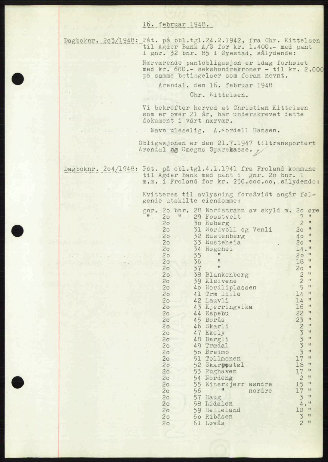 Nedenes sorenskriveri, SAK/1221-0006/G/Gb/Gba/L0058: Mortgage book no. A10, 1947-1948, Diary no: : 203/1948