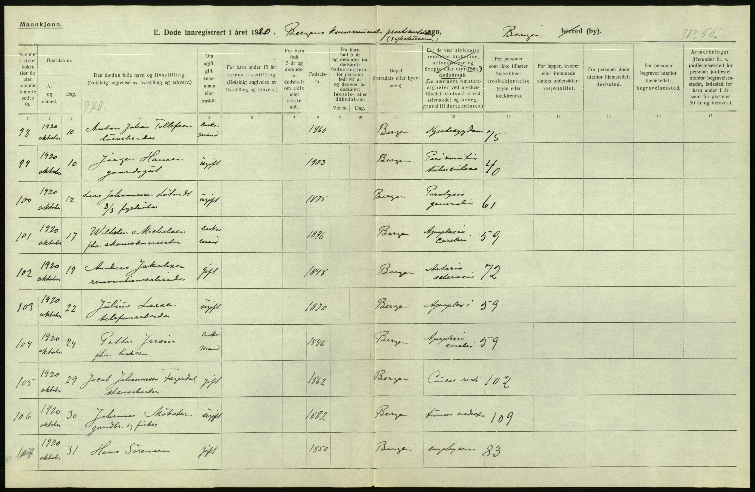 Statistisk sentralbyrå, Sosiodemografiske emner, Befolkning, AV/RA-S-2228/D/Df/Dfb/Dfbj/L0042: Bergen: Gifte, døde, dødfødte., 1920, p. 320