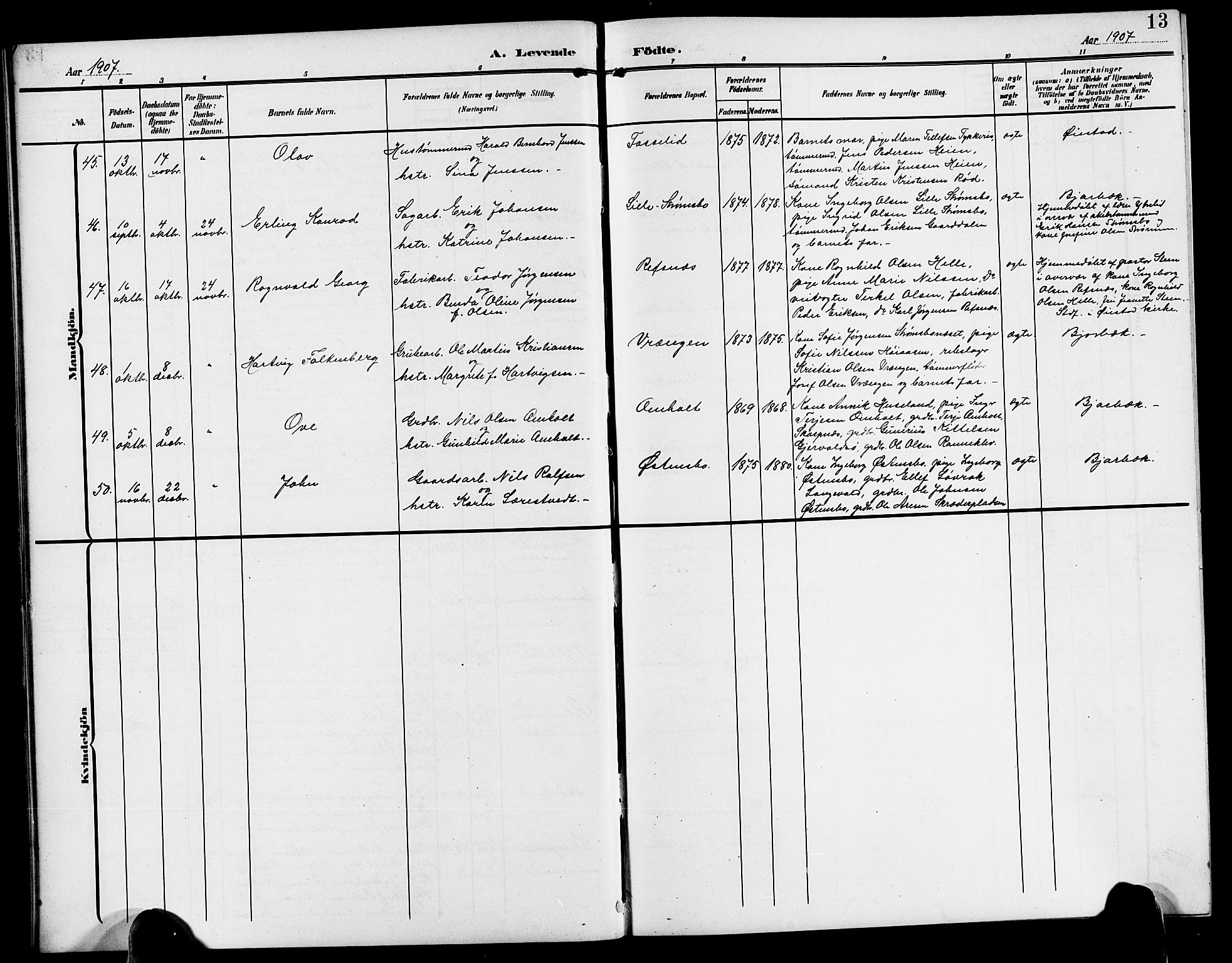 Øyestad sokneprestkontor, AV/SAK-1111-0049/F/Fb/L0011: Parish register (copy) no. B 11, 1906-1918, p. 13