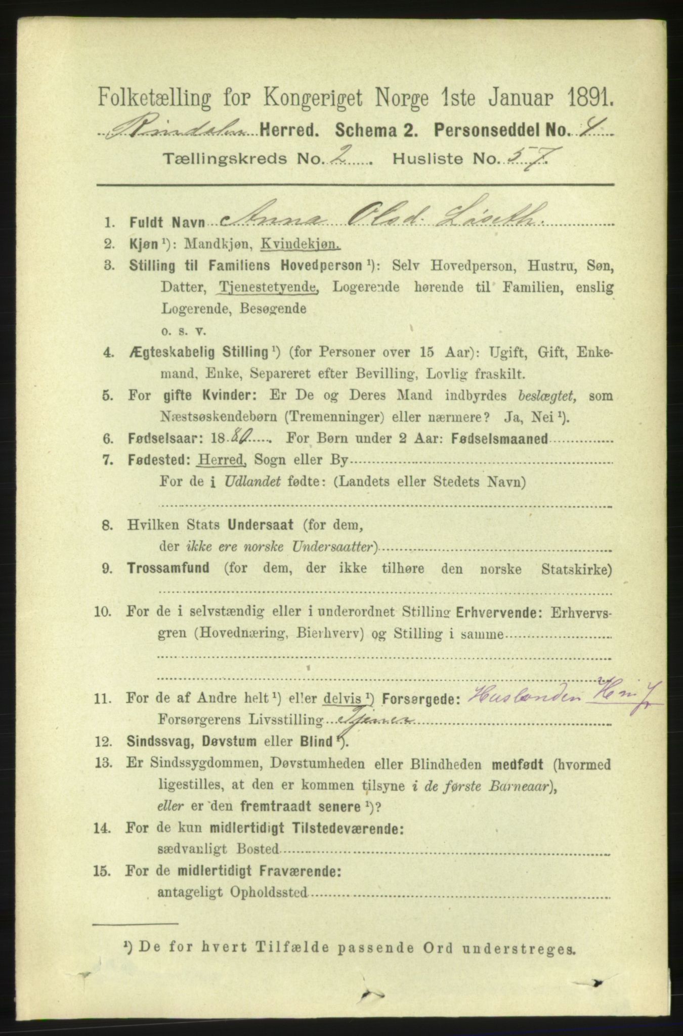 RA, 1891 census for 1567 Rindal, 1891, p. 639