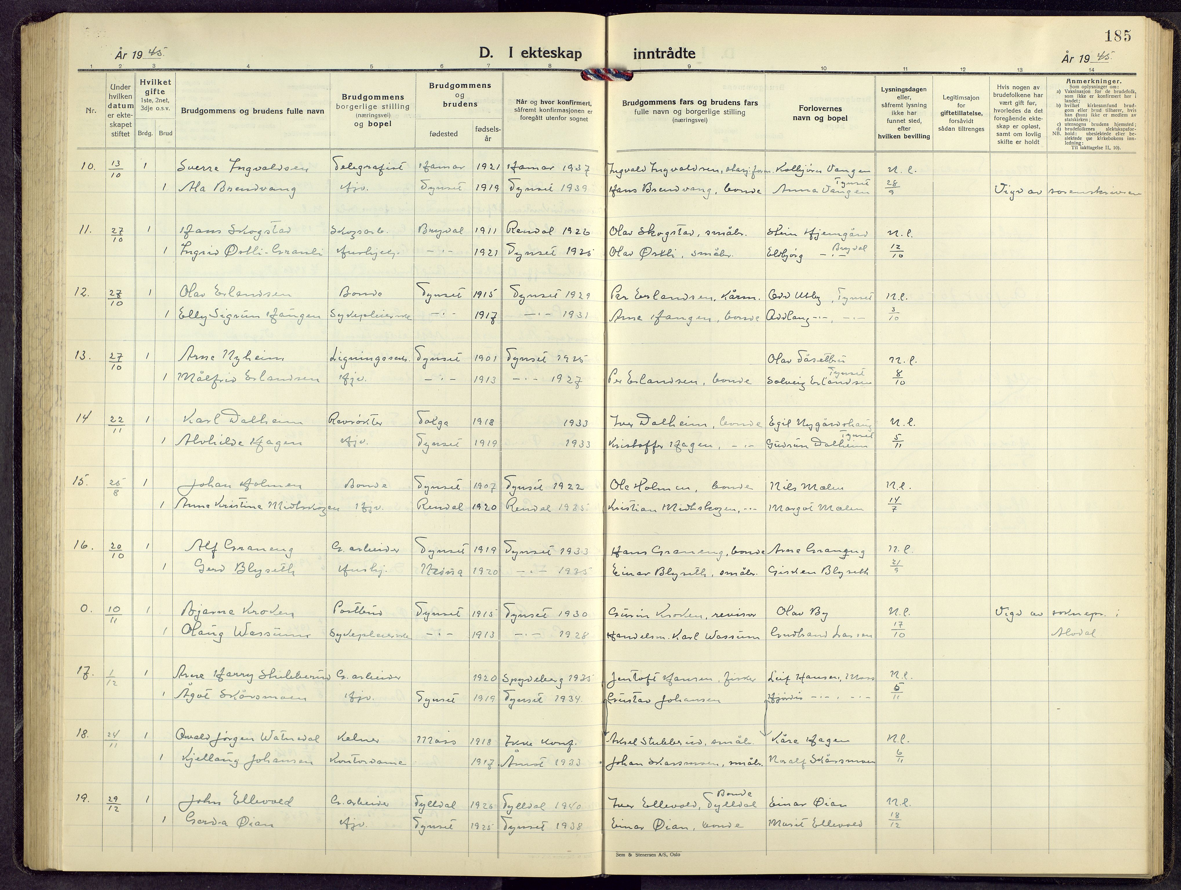 Tynset prestekontor, AV/SAH-PREST-058/H/Ha/Hab/L0014: Parish register (copy) no. 14, 1944-1960, p. 185