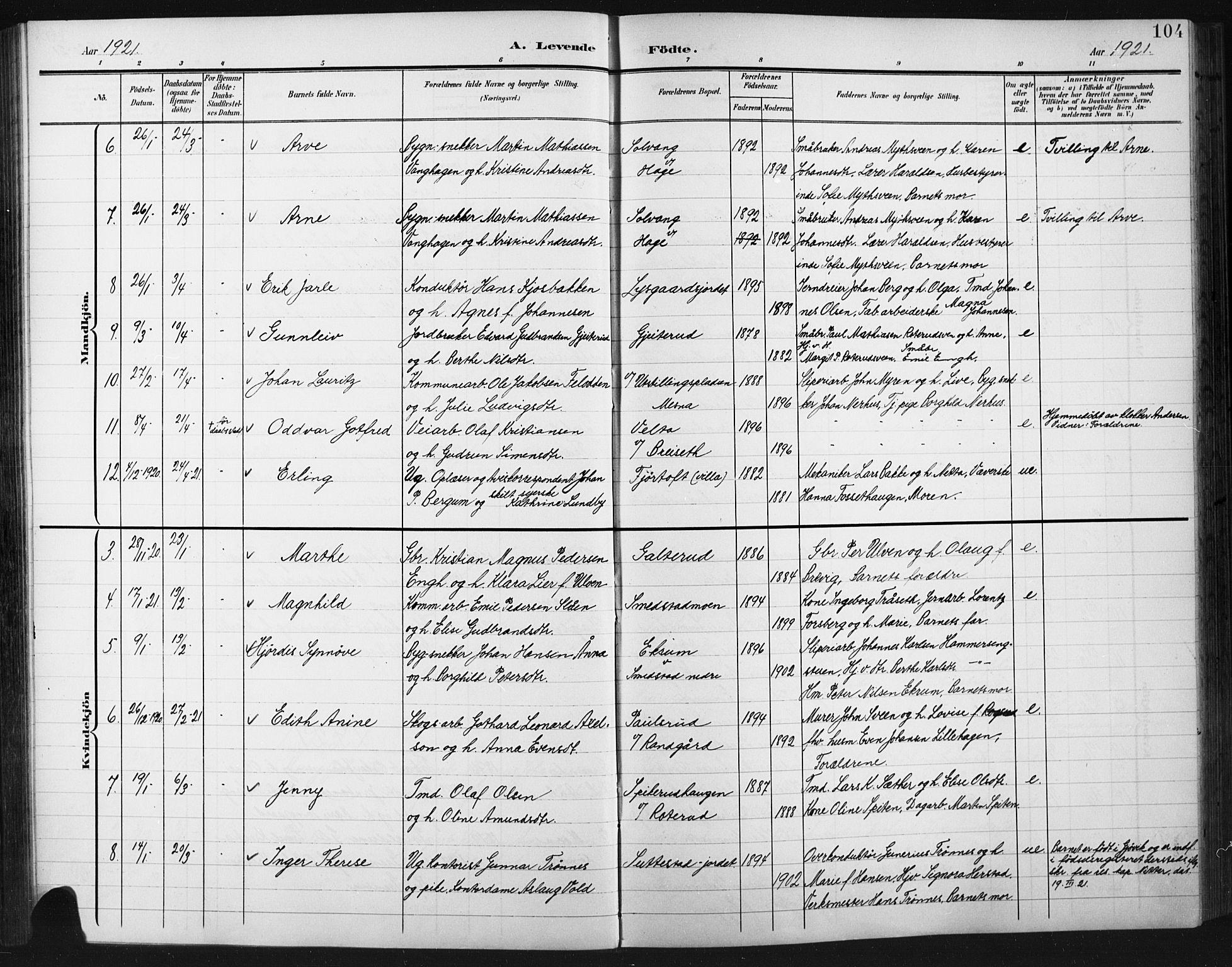 Fåberg prestekontor, SAH/PREST-086/H/Ha/Hab/L0012: Parish register (copy) no. 12, 1903-1924, p. 104