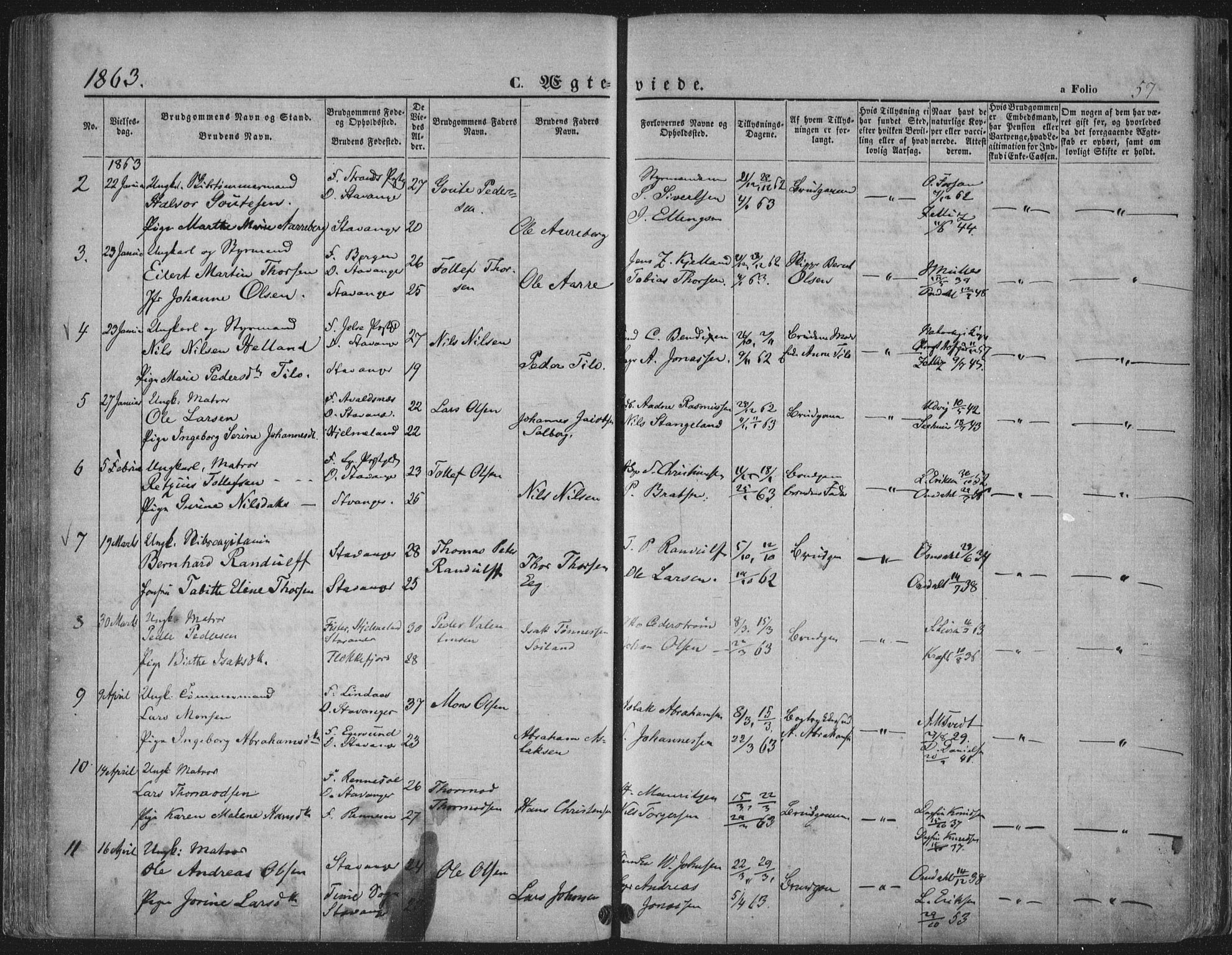 Domkirken sokneprestkontor, AV/SAST-A-101812/001/30/30BA/L0019: Parish register (official) no. A 18, 1857-1877, p. 57