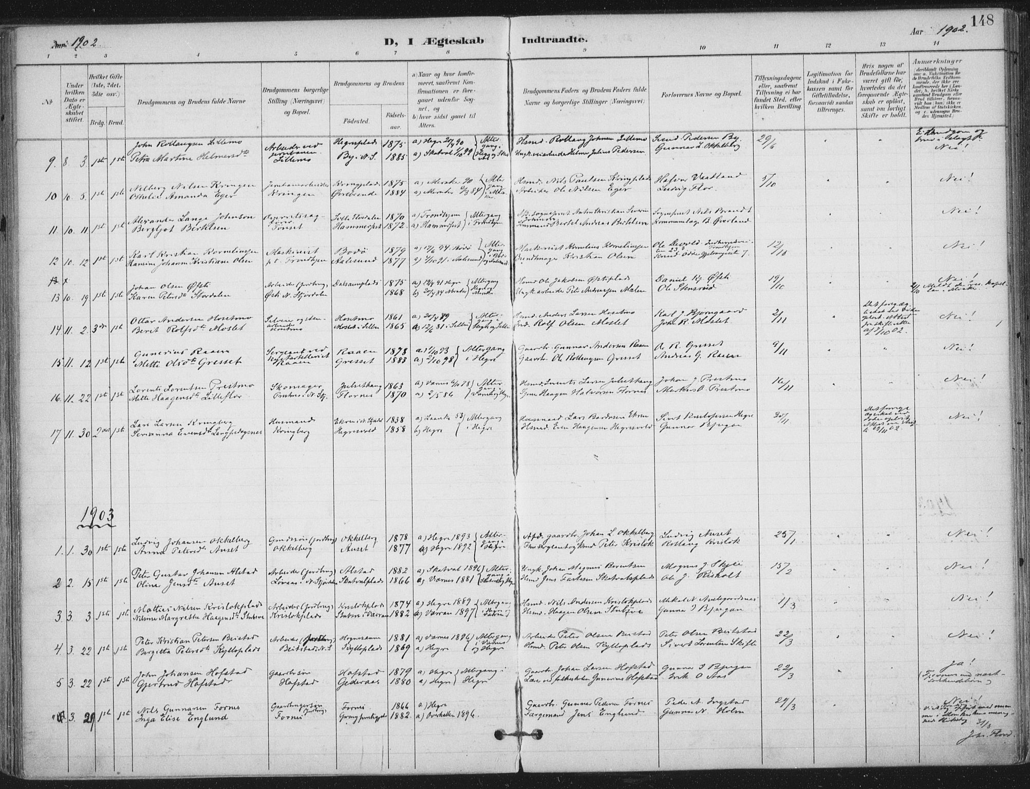 Ministerialprotokoller, klokkerbøker og fødselsregistre - Nord-Trøndelag, AV/SAT-A-1458/703/L0031: Parish register (official) no. 703A04, 1893-1914, p. 148