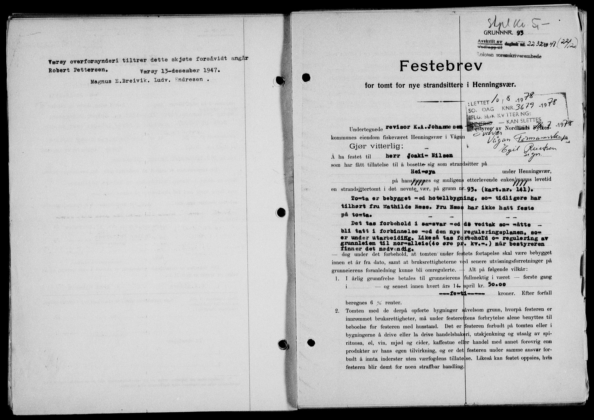 Lofoten sorenskriveri, SAT/A-0017/1/2/2C/L0017a: Mortgage book no. 17a, 1947-1948, Diary no: : 2232/1947