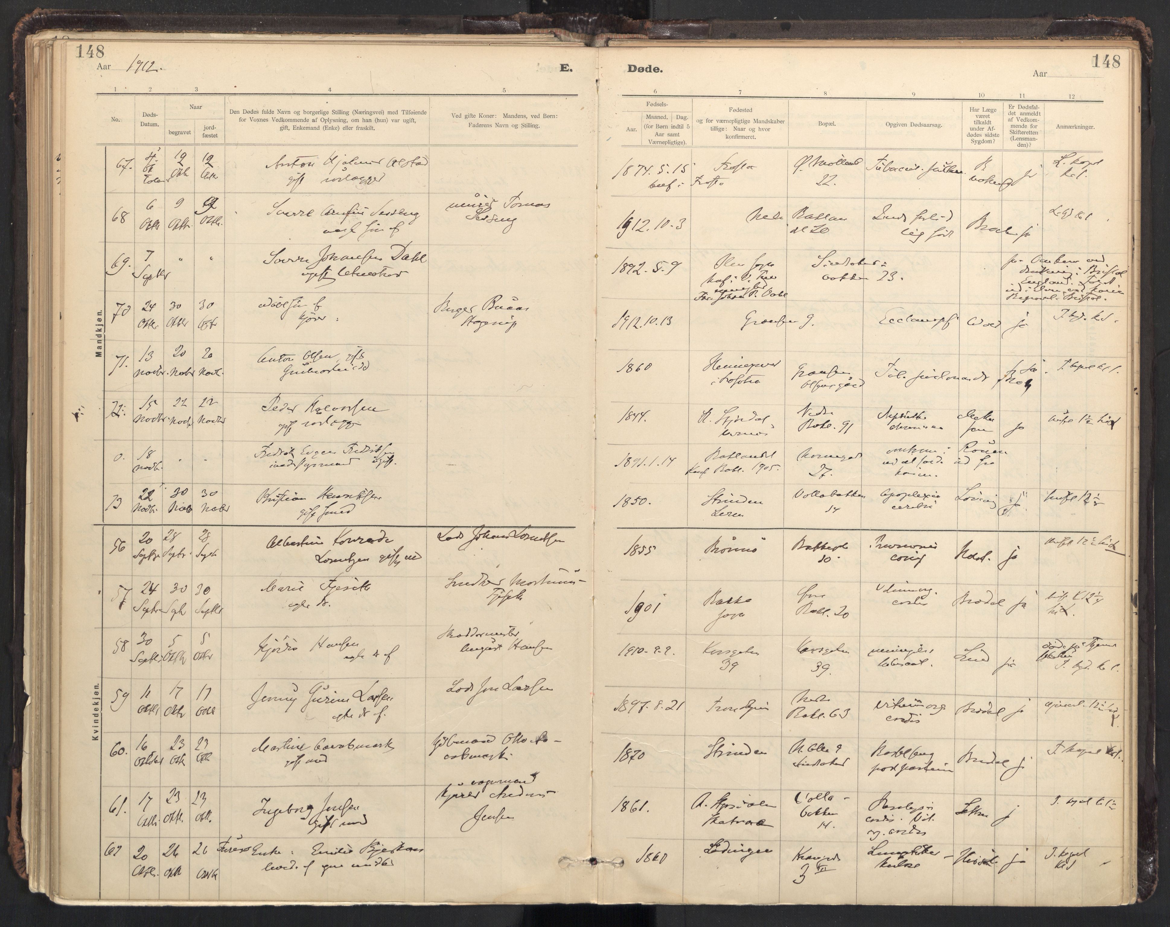 Ministerialprotokoller, klokkerbøker og fødselsregistre - Sør-Trøndelag, AV/SAT-A-1456/604/L0204: Parish register (official) no. 604A24, 1911-1920, p. 148