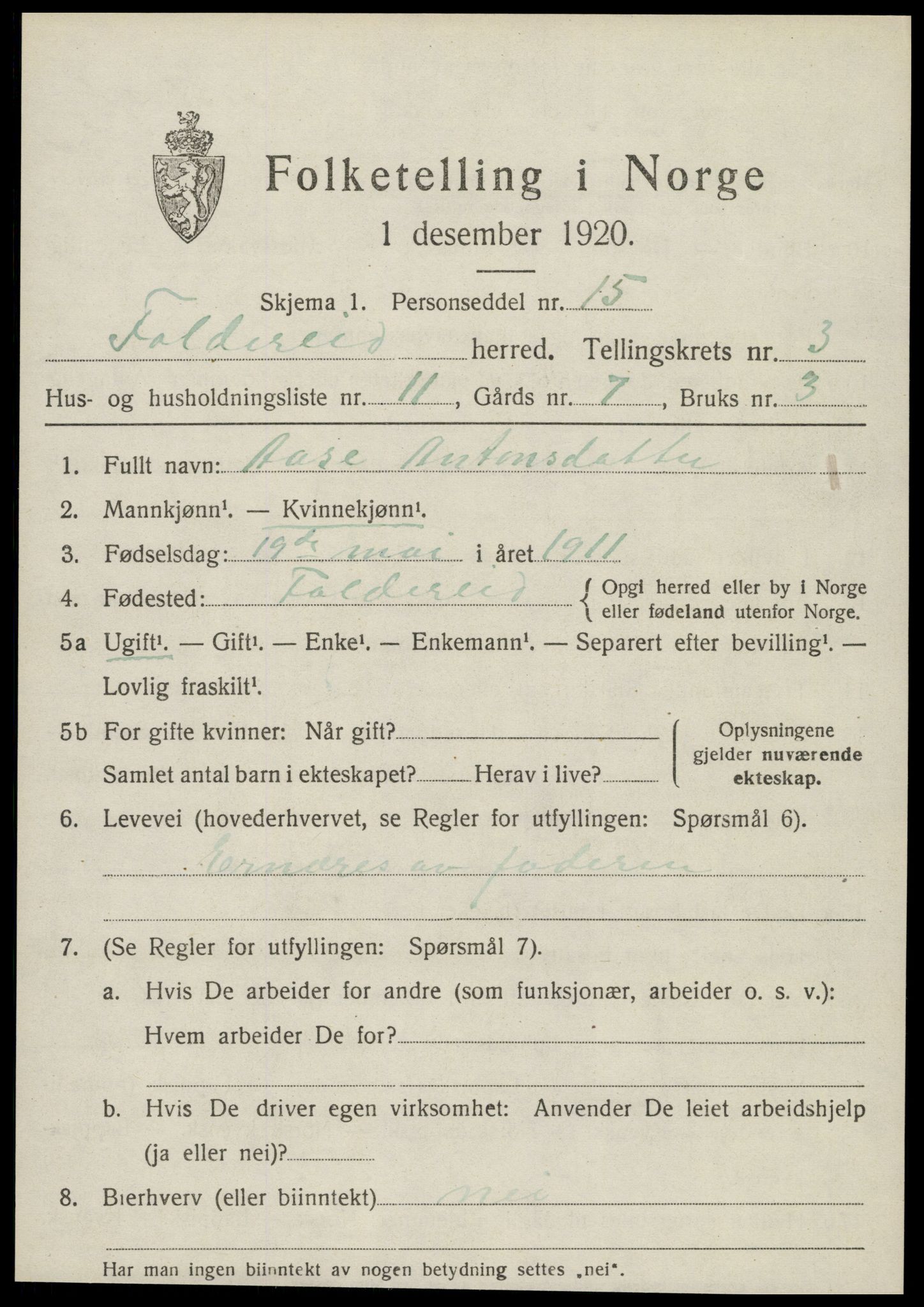SAT, 1920 census for Foldereid, 1920, p. 1316