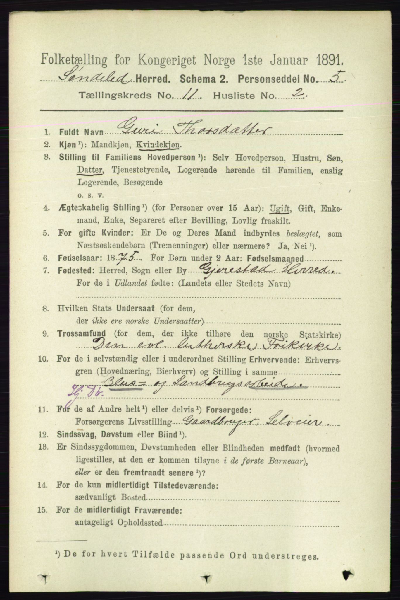 RA, 1891 census for 0913 Søndeled, 1891, p. 3299