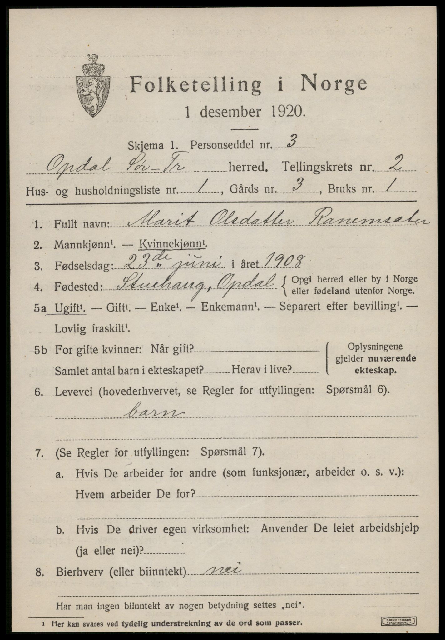 SAT, 1920 census for Oppdal, 1920, p. 2401