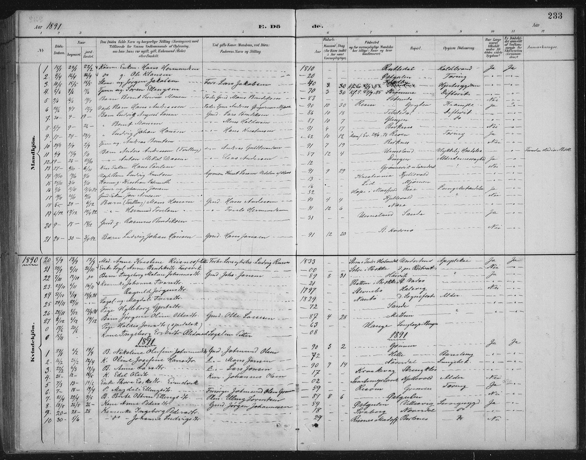 Gulen sokneprestembete, SAB/A-80201/H/Hab/Habb/L0003: Parish register (copy) no. B 3, 1884-1907, p. 233