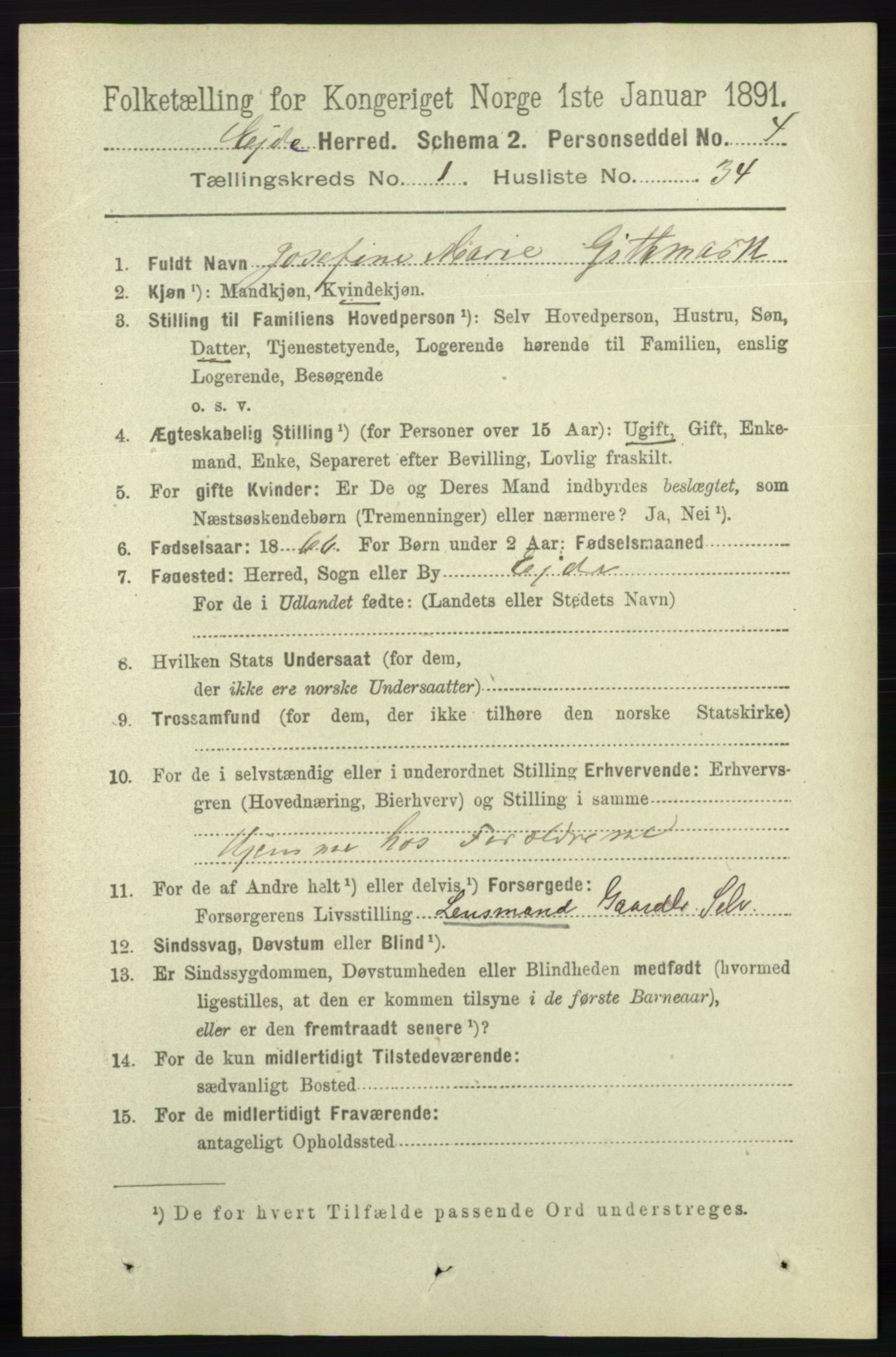 RA, 1891 census for 0925 Eide, 1891, p. 274