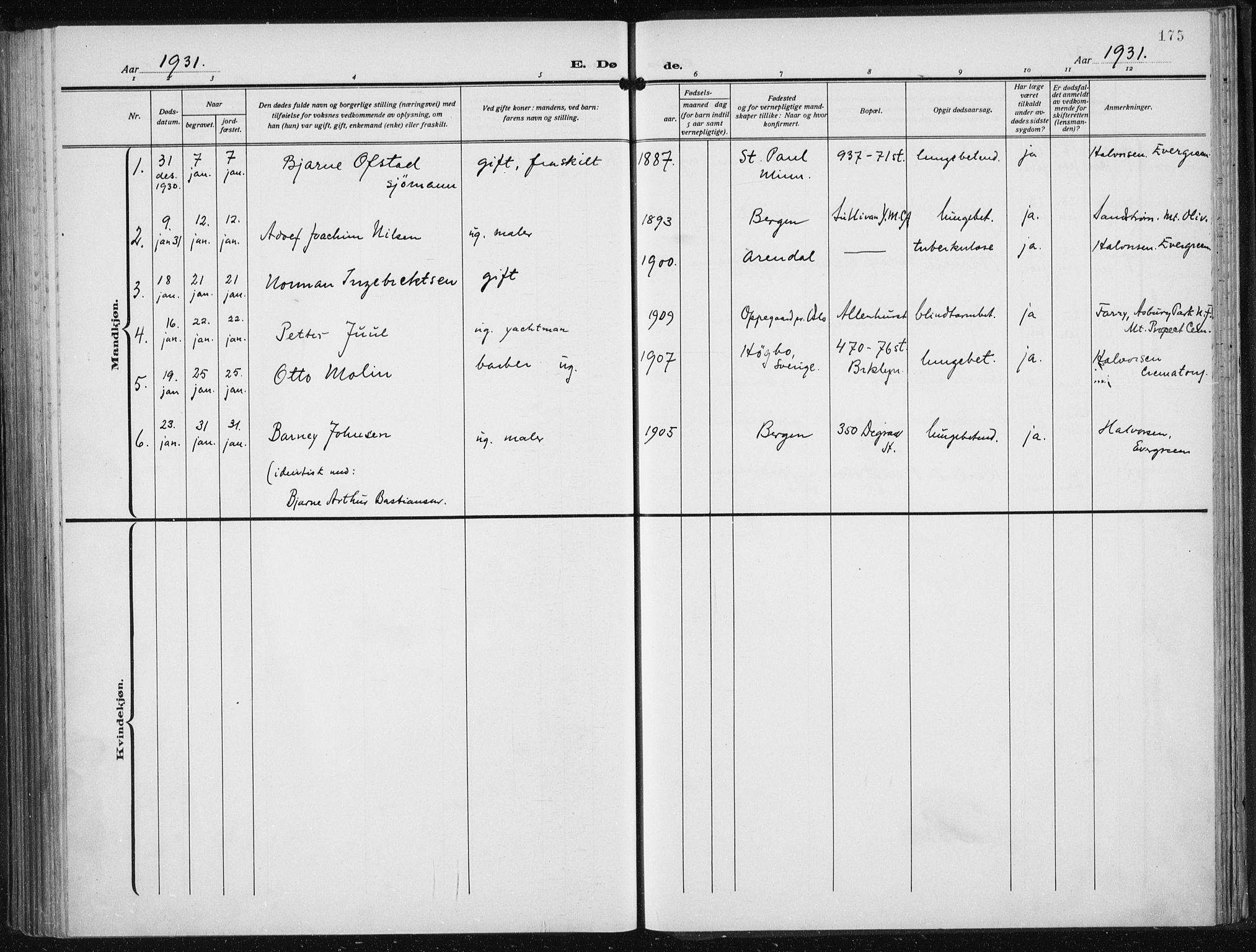 Den norske sjømannsmisjon i utlandet/New York, AV/SAB-SAB/PA-0110/H/Ha/L0008: Parish register (official) no. A 8, 1923-1935, p. 175