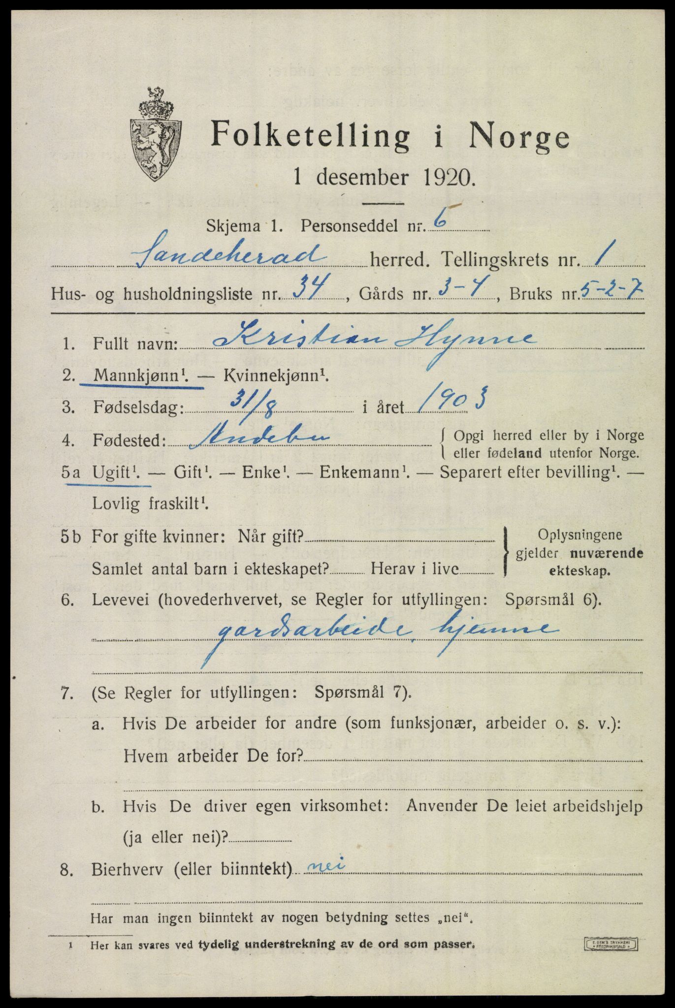 SAKO, 1920 census for Sandeherred, 1920, p. 4122