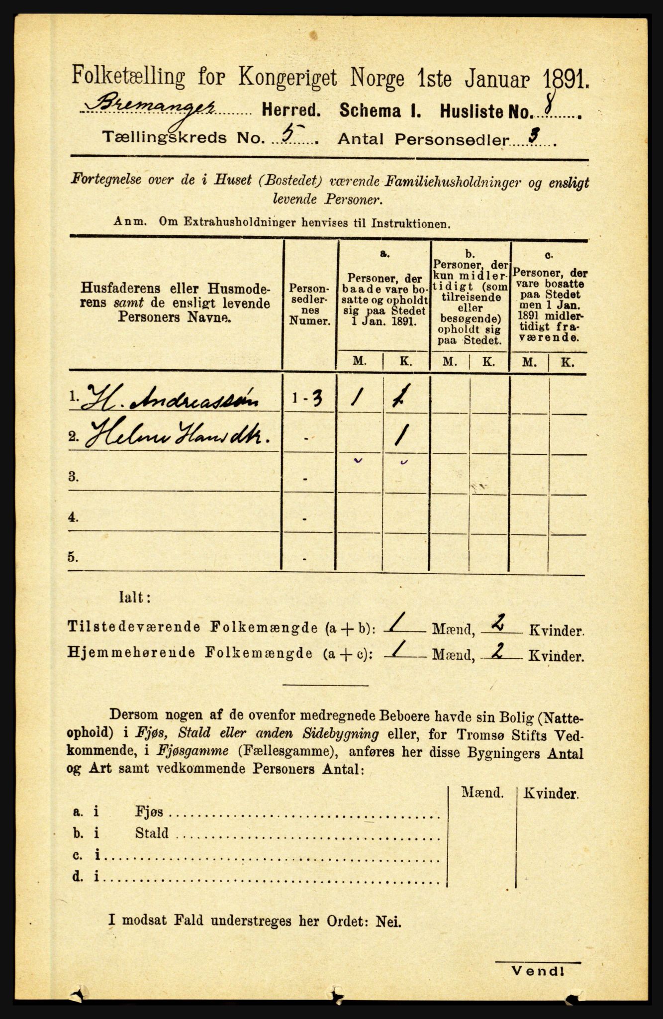 RA, 1891 census for 1438 Bremanger, 1891, p. 1916