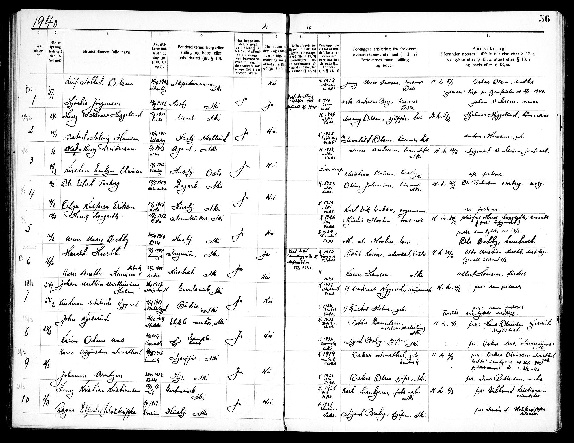 Kråkstad prestekontor Kirkebøker, SAO/A-10125a/H/Hb/L0001: Banns register no. II 1, 1919-1952, p. 56