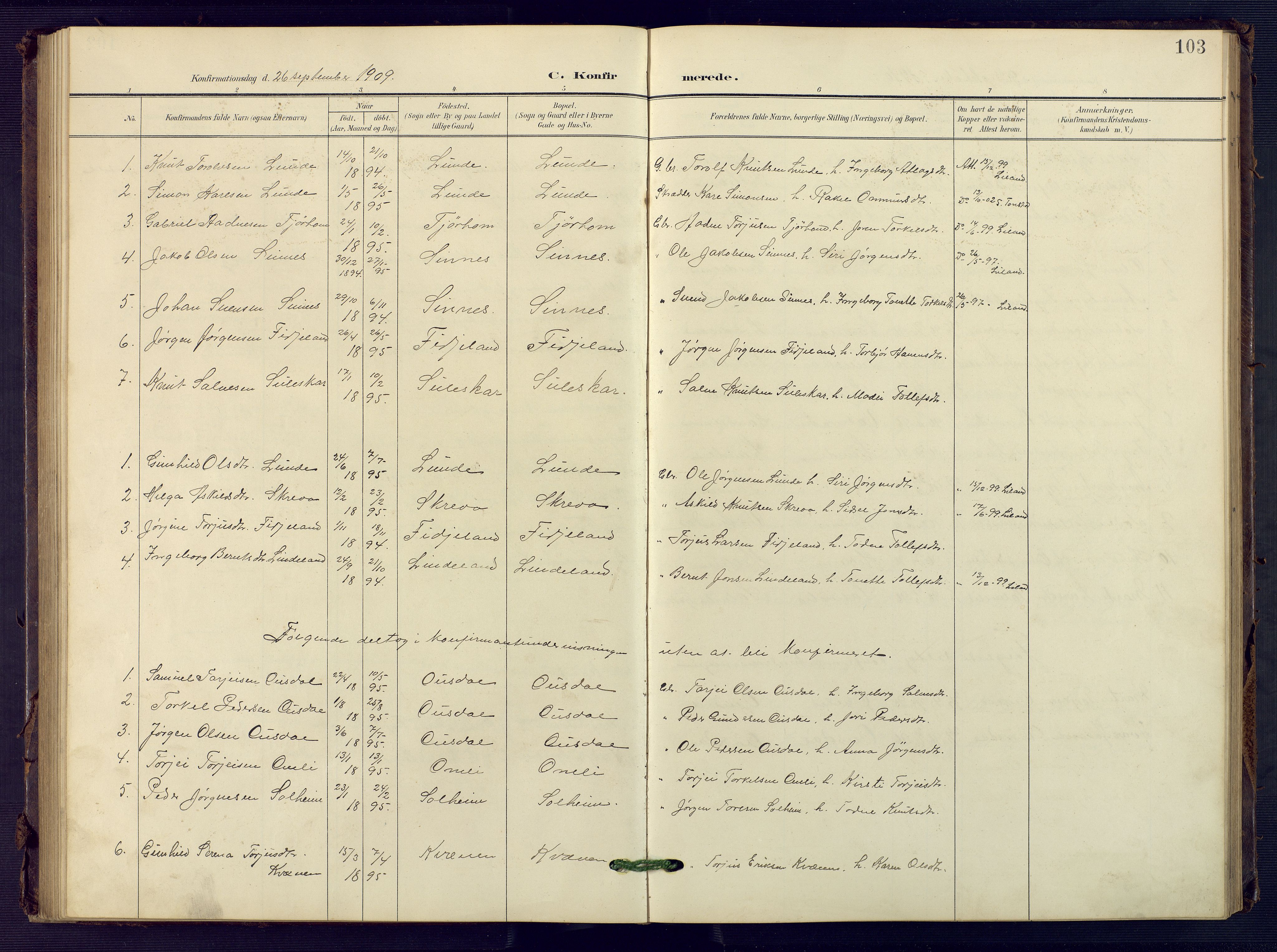 Sirdal sokneprestkontor, SAK/1111-0036/F/Fb/Fba/L0002: Parish register (copy) no. B 2, 1905-1958, p. 103