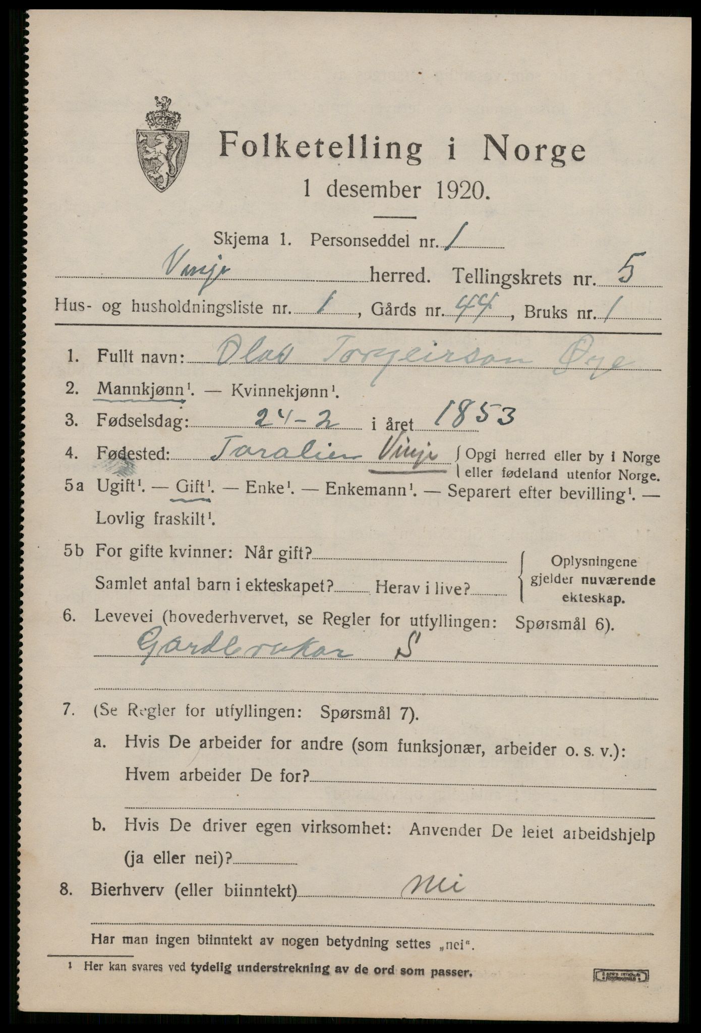 SAKO, 1920 census for Vinje, 1920, p. 1605