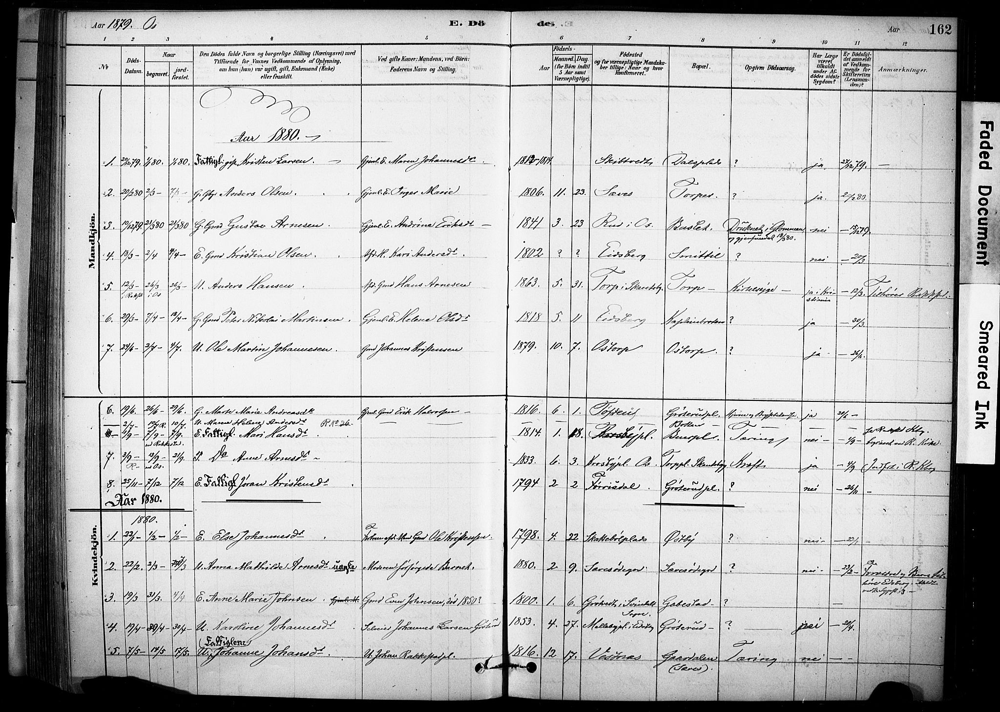 Rakkestad prestekontor Kirkebøker, AV/SAO-A-2008/F/Fc/L0001: Parish register (official) no. III 1, 1878-1905, p. 162