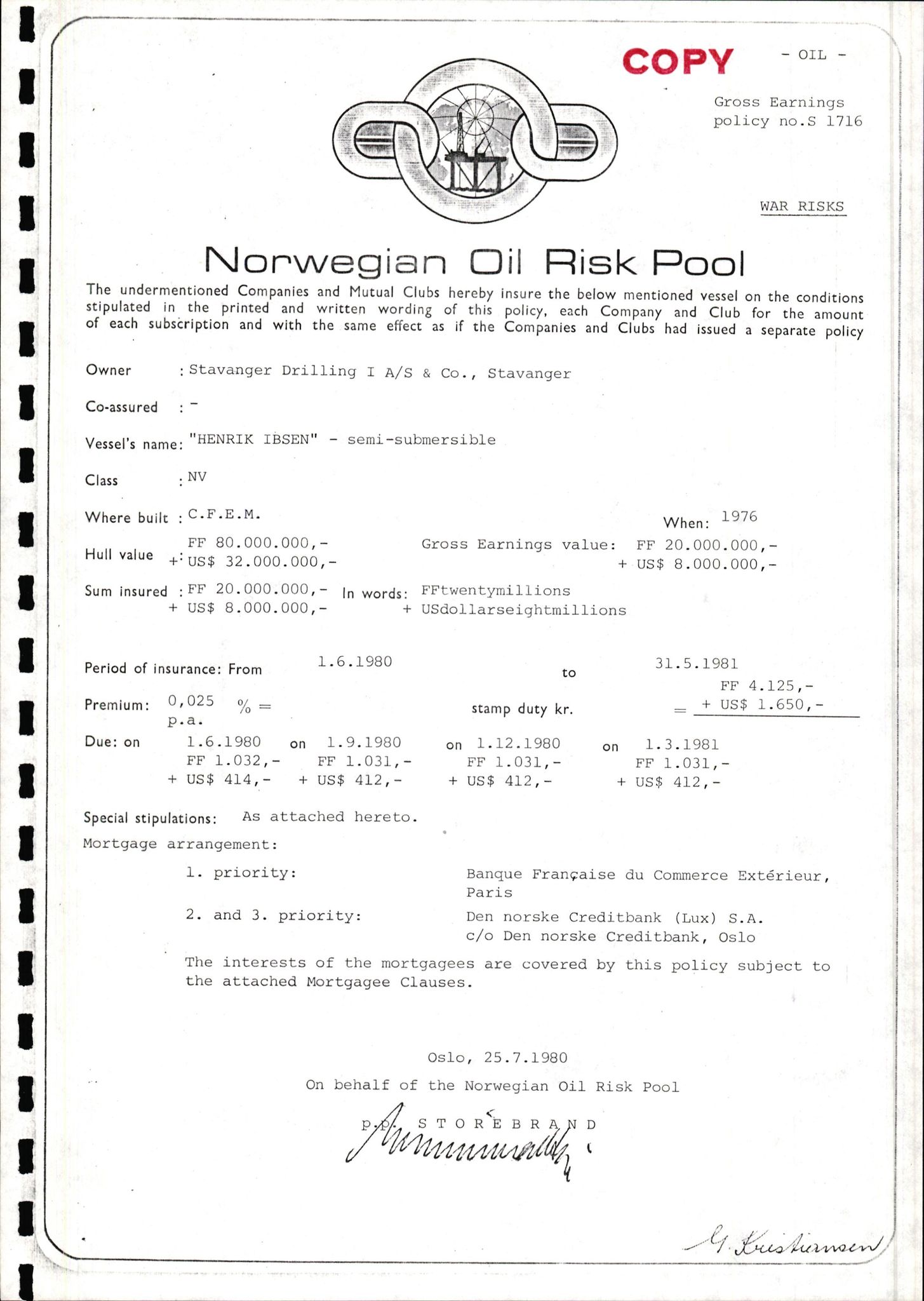 Pa 1503 - Stavanger Drilling AS, AV/SAST-A-101906/2/E/Ec/Eca/L0010: Forsikring, 1976-1983