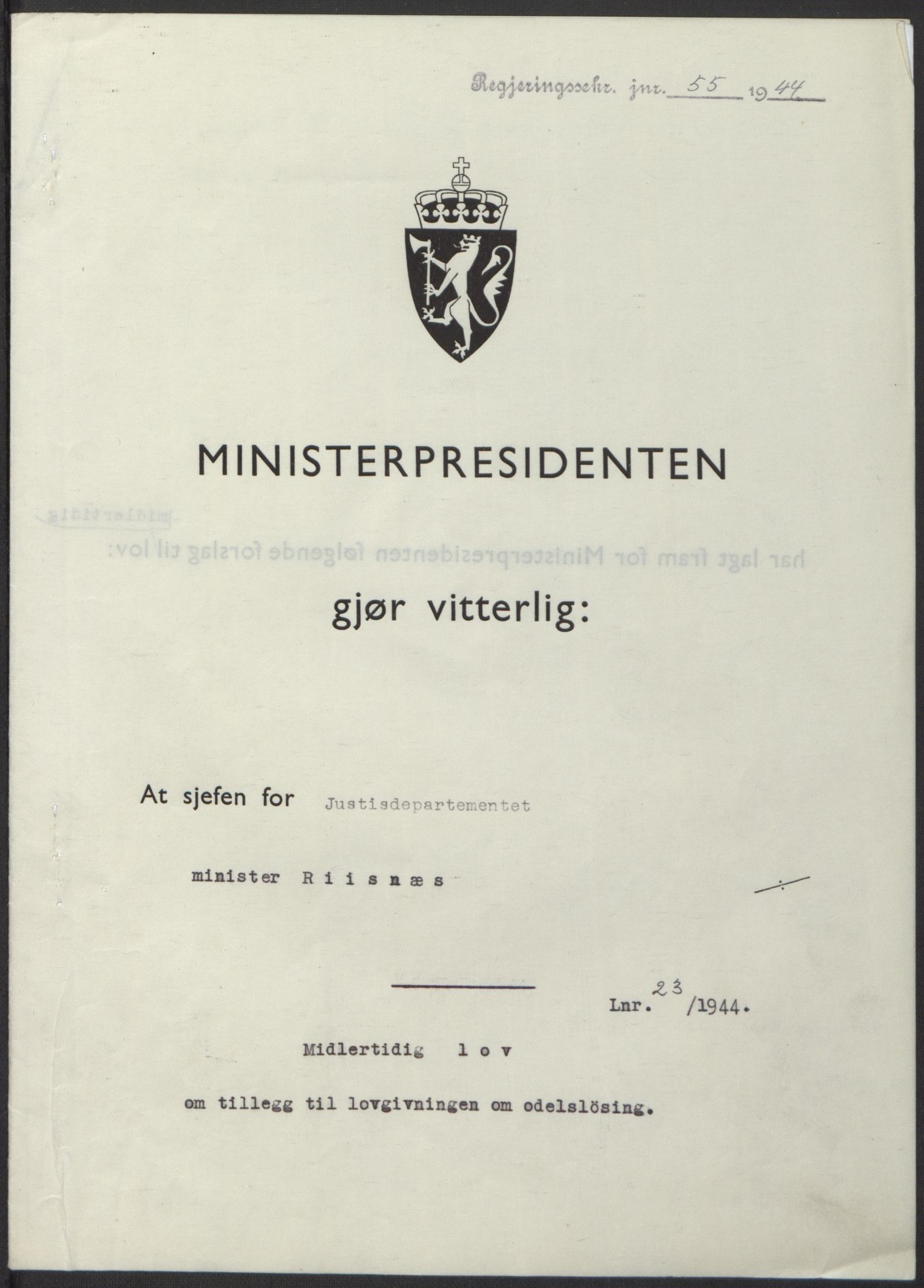 NS-administrasjonen 1940-1945 (Statsrådsekretariatet, de kommisariske statsråder mm), RA/S-4279/D/Db/L0100: Lover, 1944, p. 105