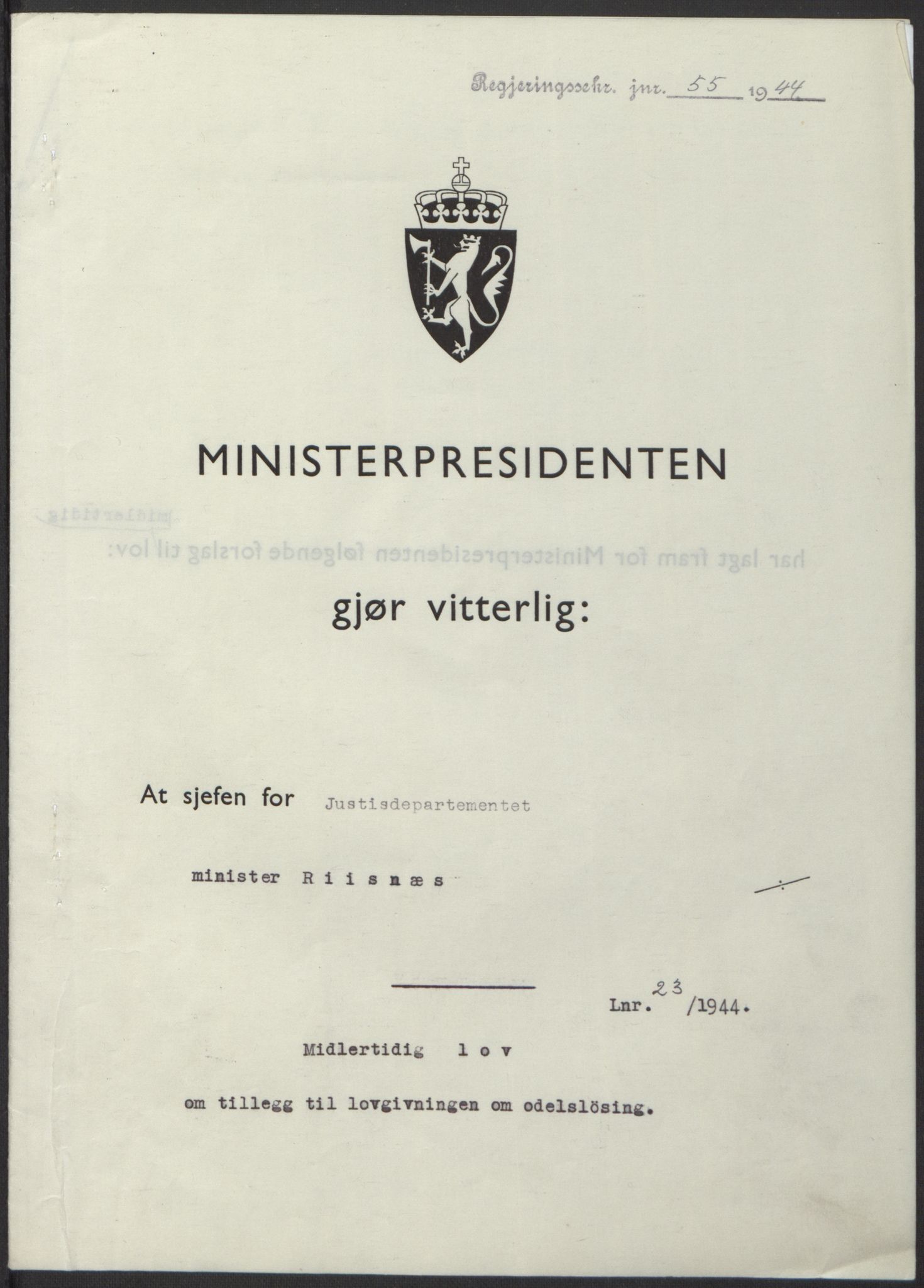 NS-administrasjonen 1940-1945 (Statsrådsekretariatet, de kommisariske statsråder mm), AV/RA-S-4279/D/Db/L0100: Lover, 1944, p. 105