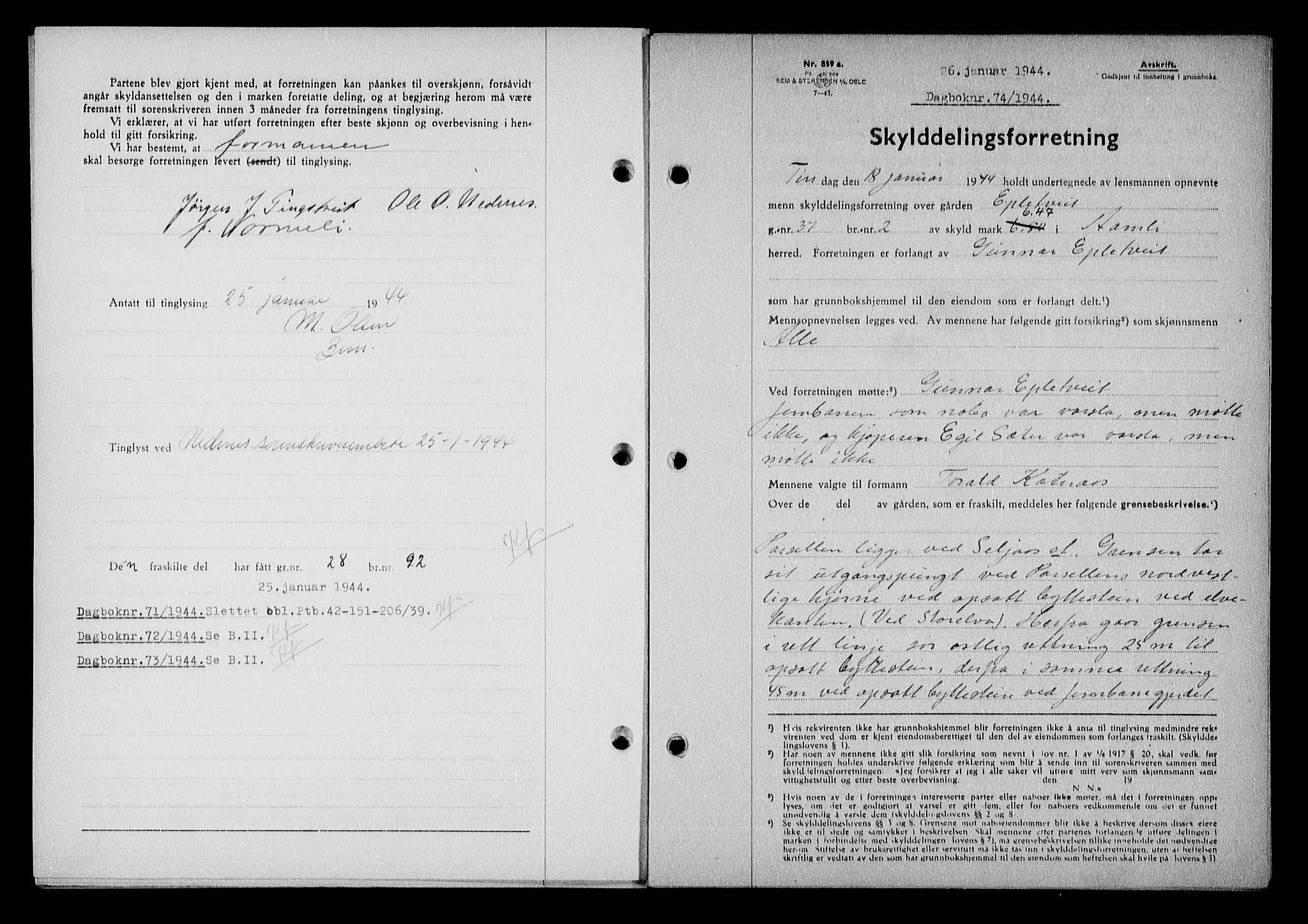 Nedenes sorenskriveri, SAK/1221-0006/G/Gb/Gba/L0051: Mortgage book no. A-V, 1943-1944, Diary no: : 74/1944